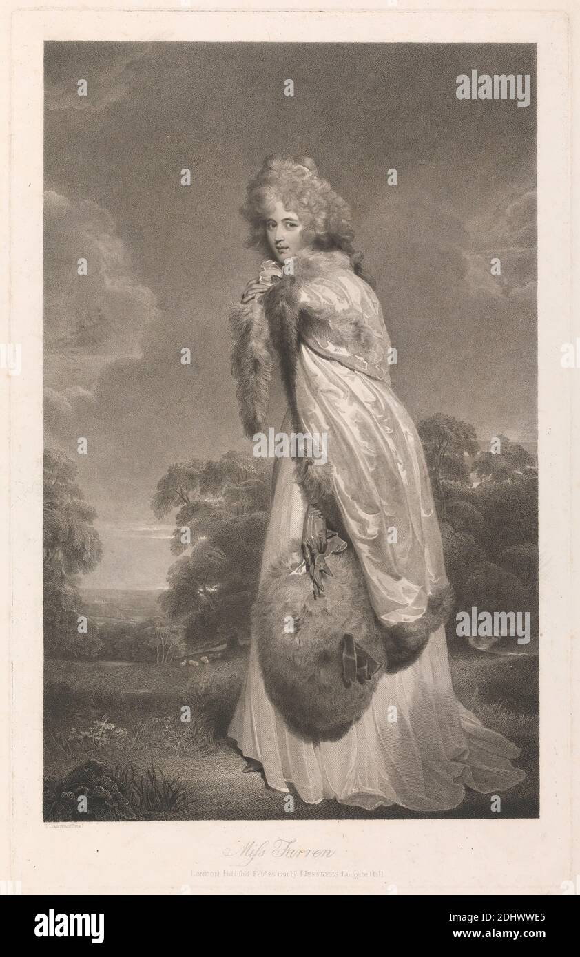 Miss Farren, Print made by Charles Knight, 1743–c.1826, British, after Sir Thomas Lawrence, 1769–1830, British, Published by John Jeffryes, active 1793–1804, British, 1791, Etching and stipple engraving (third state) on medium, slightly textured, cream laid paper, Sheet: 25 1/8 × 17 1/4 inches (63.8 × 43.8 cm), Plate: 22 × 14 inches (55.9 × 35.6 cm), and Image: 19 1/2 × 12 1/2 inches (49.5 × 31.8 cm Stock Photo