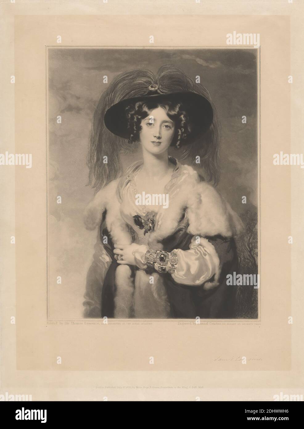 Julia, Lady Peel, Print made by Samuel Cousins, 1801–1887, British, after Sir Thomas Lawrence, 1769–1830, British, Published by Moon, Boys & Graves, ca. 1812–1892, British, 1832, Mezzotint, line engraving, and stipple engraving on moderately thick, slightly textured, cream wove paper, Sheet: 17 11/16 x 14 3/8 inches (45 x 36.5 cm), Plate: 15 1/2 x 11 7/8 inches (39.3 x 30.1 cm), and Image: 10 11/16 x 8 3/8 inches (27.2 x 21.2 cm), bracelets, broach, cape (outerwear), costume, curls, feathers, finger rings, flower (plant), frill, fur, gems, gown, hat, jewelry, lady, nobility, portrait, ruffle Stock Photo