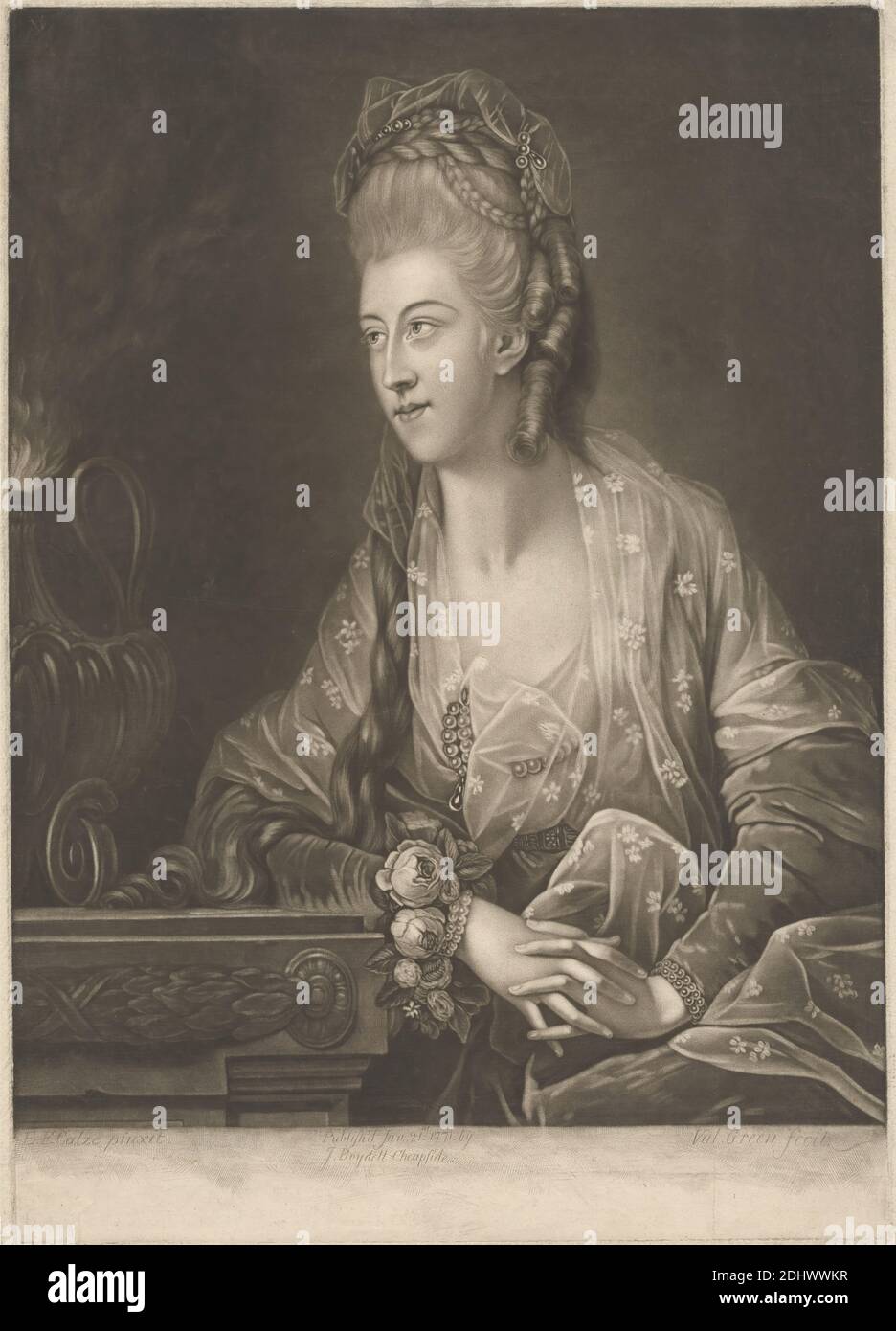 Mrs. Le Maistre, Print made by Valentine Green, 1739–1813, British, after Edward Francis Cunningham, ca. 1741–1795, British, Published by John Boydell, 1720–1804, British, 1771, Mezzotint on medium, moderately textured, cream laid paper, Sheet: 16 13/16 x 12 inches (42.7 x 30.5 cm), Plate: 16 1/16 x 11 3/8 inches (40.8 x 28.9 cm), and Image: 14 1/2 x 11 3/8 inches (36.9 x 28.9 cm), bracelets, braids, corsage, costume, curls, flowers (plants), gown, jewelry, long hair, nobility, pearls, portrait, roses (plant), table, woman Stock Photo