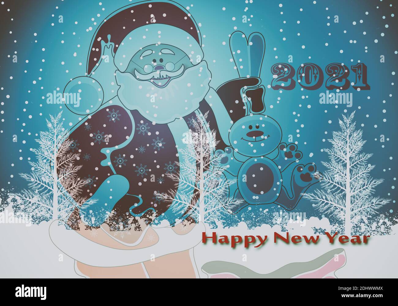 Happy New Year 2001, winter idyll, Santa Claus in the background, illustration. Stock Photo