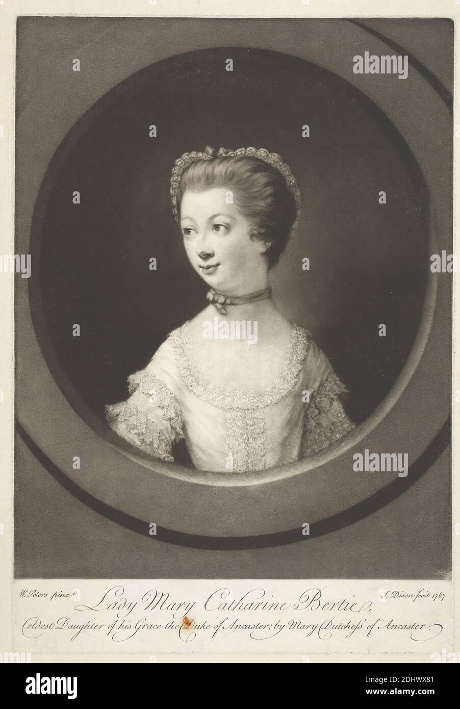 Lady Mary Catharine Bertie, Print made by John Dixon, ca. 1740–1811, Irish, after Matthew William Peters, 1742–1814, British, 1767, Mezzotint on moderately thick, slightly textured, cream laid paper, Sheet: 16 9/16 x 12 1/16 inches (42 x 30.7 cm), Plate: 13 1/8 x 9 inches (33.3 x 22.8 cm), and Image: 11 9/16 x 9 inches (29.3 x 22.8 cm), choker, daughter, gaze, hair, lace, lady, portrait, posing, ribbons, ruff, smiling, woman Stock Photo