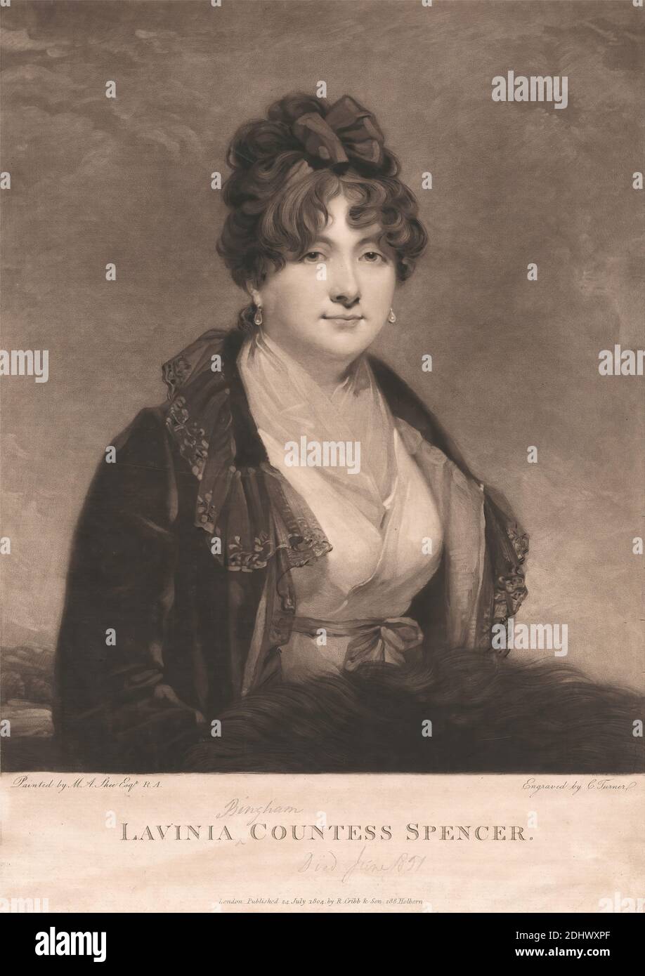 Lavinia Bingham, Countess Spencer, Print made by Charles Turner, 1774–1857, British, after Sir Martin Archer Shee, 1769–1850, Irish, 1804, Mezzotint on moderately thick, moderately textured, cream laid paper, Sheet: 14 1/4 × 10 3/16 inches (36.2 × 25.9 cm), Plate: 14 × 9 7/8 inches (35.6 × 25.1 cm), and Image: 11 3/4 × 9 13/16 inches (29.8 × 24.9 cm Stock Photo