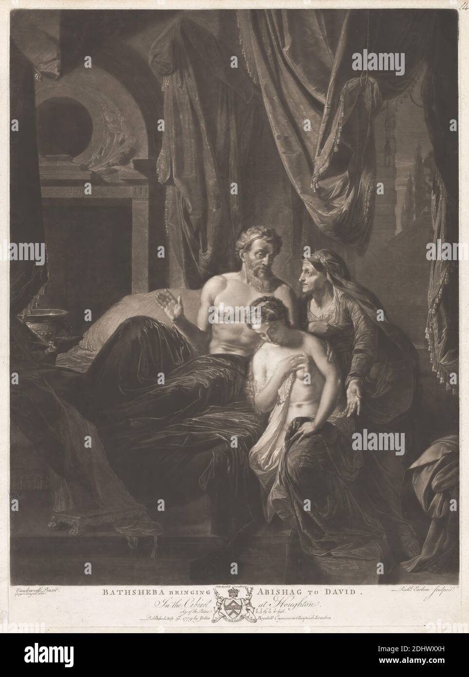 Bathsheba Bringing Abishag to David, Print made by Richard Earlom, 1743–1822, British, after Adriaan van der Werff, 1659–1722, Dutch, 1779, Mezzotint and etching on medium, slightly textured, cream laid paper, Sheet: 25 5/8 × 19 3/8 inches (65.1 × 49.2 cm), Plate: 24 7/8 × 18 1/8 inches (63.2 × 46 cm), and Image: 23 1/8 × 18 inches (58.7 × 45.7 cm), bed, canopy, caretaker, Christianity, conversation, elderly, influencing, Judaism, Old Testament, power, religious and mythological subject, virgin, wife Stock Photo