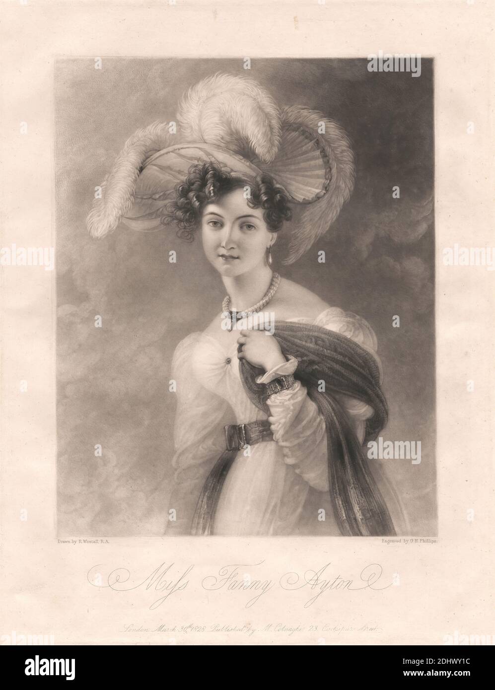 Miss Fanny Ayton, Print made by George H. Phillips, active 1819–1825, British, after Richard Westall, 1765–1836, British, Published by Colnaghi, established 1760, active ca. 1785–1911, Italian, active in Britain, 1828, Mezzotint on medium, moderately textured, cream laid paper, Sheet: 13 × 10 inches (33 × 25.4 cm) and Image: 9 1/2 × 7 9/16 inches (24.1 × 19.2 cm Stock Photo
