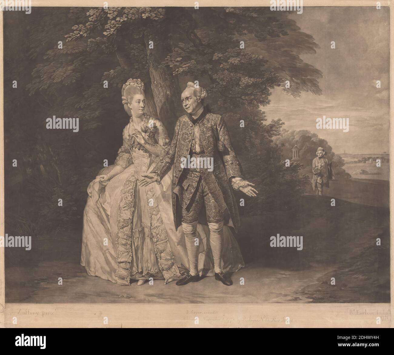 Thomas King and Mrs. Baddeley, Richard Earlom, 1743–1822, British, after Johan Joseph Zoffany RA, 1733–1810, German, active in Britain (from 1760), Published by Robert Sayer, 1725–1794, British, 1772, Mezzotint on medium, slightly textured, cream laid paper, Sheet: 18 3/4 x 22 5/8 inches (47.6 x 57.5 cm), Plate: 18 1/4 x 21 7/8 inches (46.4 x 55.6 cm), and Image: 16 7/8 x 21 7/8 inches (42.9 x 55.6 cm), actors, coat, corsage, dress, hat, kerchief, park (grounds), portrait, tree Stock Photo