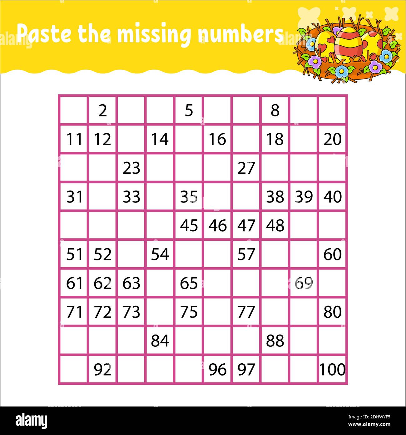 Paste the missing numbers from 1 to 100. Handwriting practice. Learning  numbers for kids. Education developing worksheet. Game for children.  Isolated Stock Vector Image & Art - Alamy