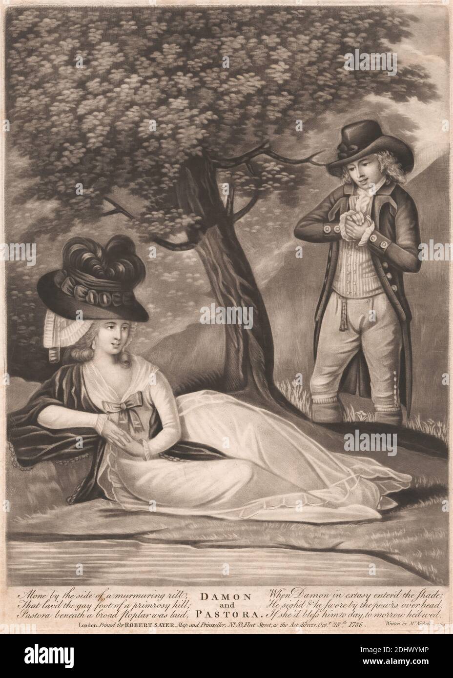 Damon and Pastora, Print made by unknown artist, eighteenth century, Published by Robert Sayer, 1725–1794, British, 1786, Mezzotint on medium, slightly textured, cream laid paper, Sheet: 15 7/8 × 11 1/2 inches (40.3 × 29.2 cm), Plate: 14 × 9 7/8 inches (35.6 × 25.1 cm), and Image: 13 × 9 7/8 inches (33 × 25.1 cm Stock Photo