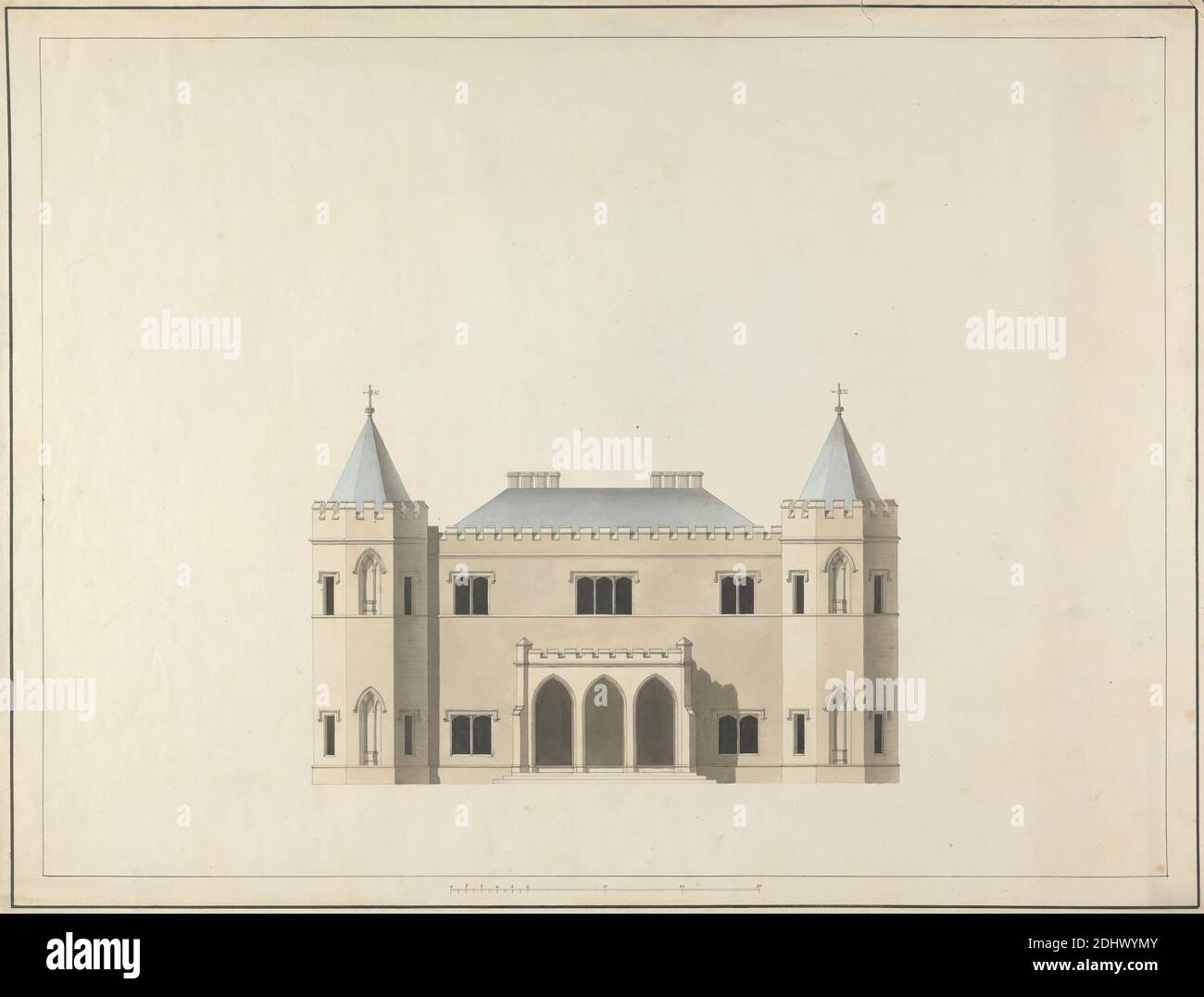 Five Designs for a House in the Gothic Style: Elevation, James Wyatt, 1746–1813, British, 1791, Watercolor and gray wash on pen and black ink on moderately thick, slightly textured, cream wove paper, Sheet: 43 1/4 × 23 3/8 inches (109.9 × 59.4 cm), architectural subject, chimneys (architectural elements), elevations (drawings), stairs Stock Photo