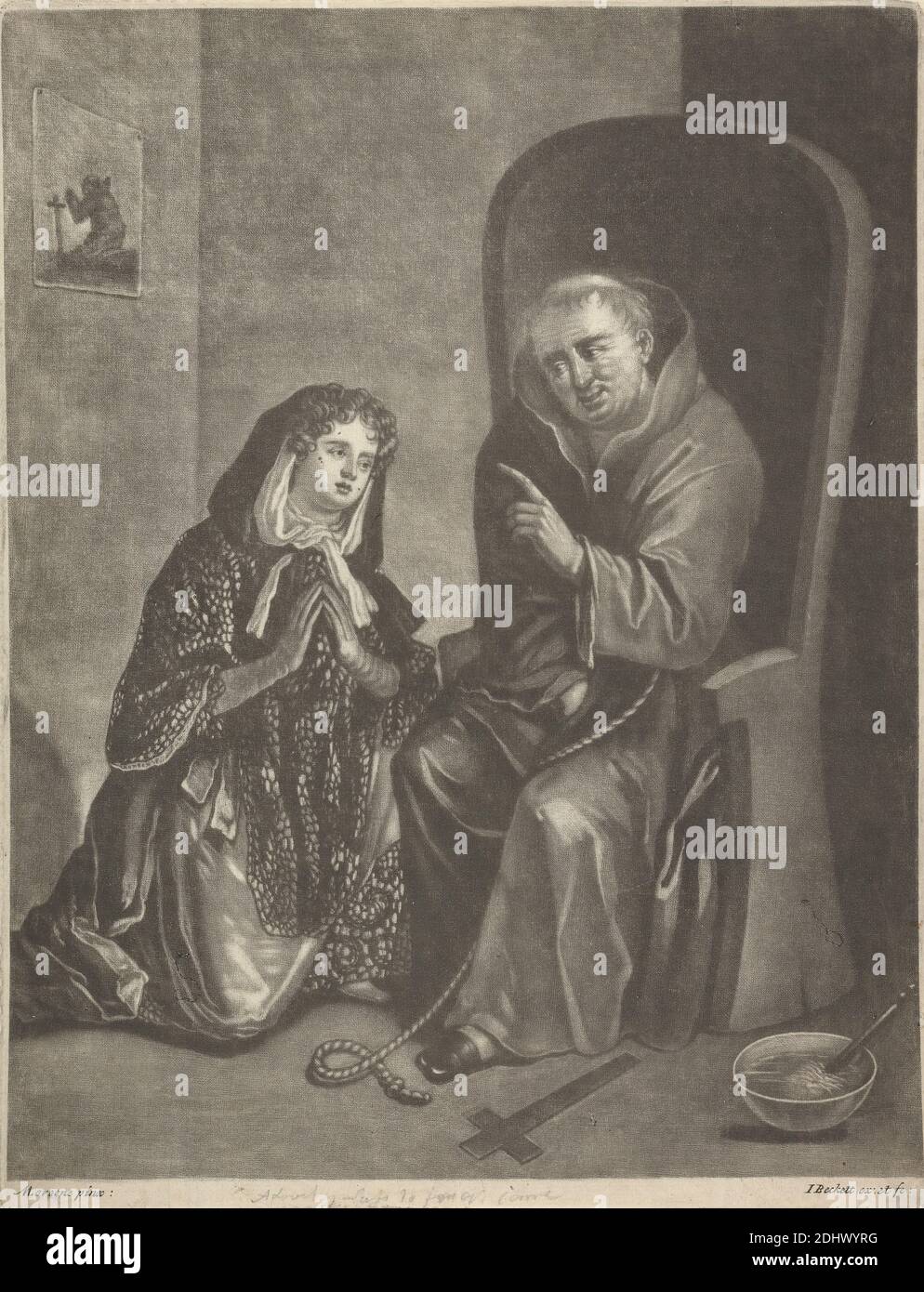 The Confession, Print made by Isaac Beckett, 1652/3–1719, British, after Marcellus Laroon the Elder, 1653–1702, Dutch, active in Britain (from ca. 1660), between 1681 and 1688, Mezzotint on medium, moderately textured, cream laid paper, Sheet: 10 1/2 × 8 1/16 inches (26.6 × 20.5 cm) and Image: 10 1/16 x 7 7/8 inches (25.5 x 20 cm), bowl (vessel), chair, cloak, commentary, confession, cross (object), crucifix, curls, genre subject, gesture, hands, interior, kneeling, listening, man, masturbation, monk, painting (visual work), parody, pattern (design element), pointing, praying, religious Stock Photo
