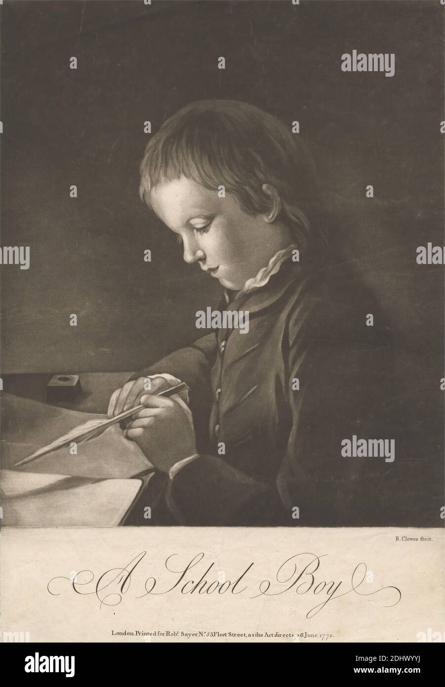 A School Boy (William Elmer), Print made by Butler Clowes, active 1768, died 1782, British, after Robert Sayer, 1725–1794, British, 1772, Mezzotint on moderately thick, slightly textured, beige laid paper, Sheet: 12 15/16 × 8 7/8 inches (32.9 × 22.5 cm) and Image: 10 1/2 x 8 7/8 inches (26.6 x 22.6 cm), boy, child, coat, genre subject, ink, paper, portrait, profile, quill, school, student, studying, thoughtful, writing (processes), writing (processes Stock Photo