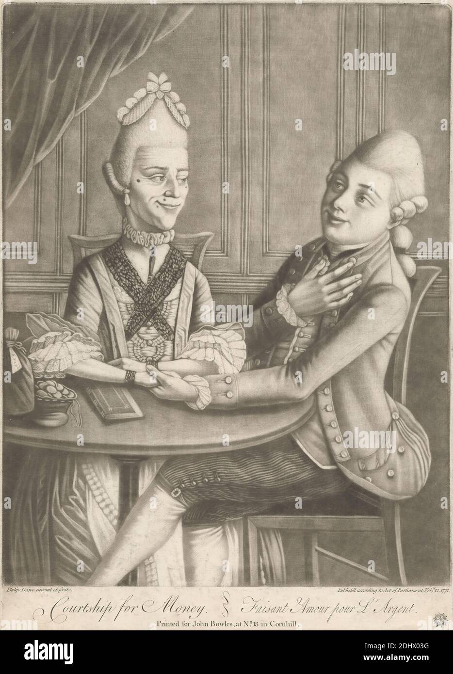 Courtship for Money, Print made by Philip Dawe, ca.1745–ca.1809, British, after Philip Dawe, ca.1745–ca.1809, British, Published by John Bowles, 1701–1779, British, 1771, Mezzotint on moderately thick, moderately textured, cream laid paper, Sheet: 14 1/4 x 10 7/16 inches (36.2 x 26.5 cm), Plate: 14 x 10 1/16 inches (35.5 x 25.5 cm), and Image: 13 x 10 1/16 inches (33 x 25.5 cm), bag (container), book, bow (costume accessory), caricature, chairs, choker, coat, coins, costume, curtains, drapery, earrings, fashion, flounces, genre subject, gesture, gown, headpiece, humor, interior, jewelry, lace Stock Photo