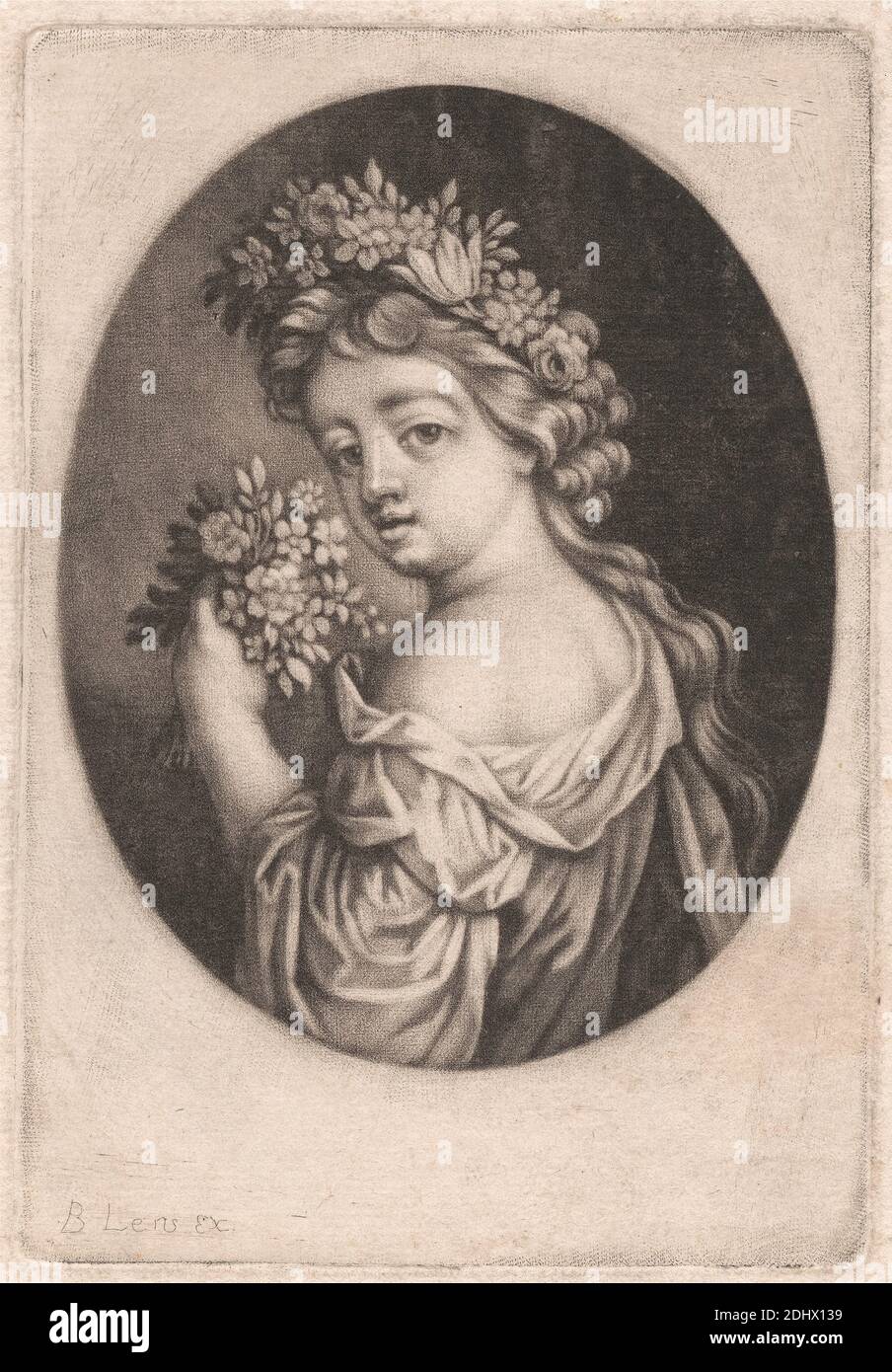 Flora, Print made by Bernard Lens, 1659–1725, British, undated, Mezzotint, etched letter proof on medium, moderately textured, blued white, laid paper, Sheet: 5 1/2 × 3 7/8 inches (14 × 9.8 cm), Plate: 4 15/16 × 3 7/16 inches (12.5 × 8.7 cm), and Image: 3 15/16 × 3 1/8 inches (10 × 7.9 cm), dress, flowers, gazing, girl, goddess, religious and mythological subject, shoulder, wreath Stock Photo