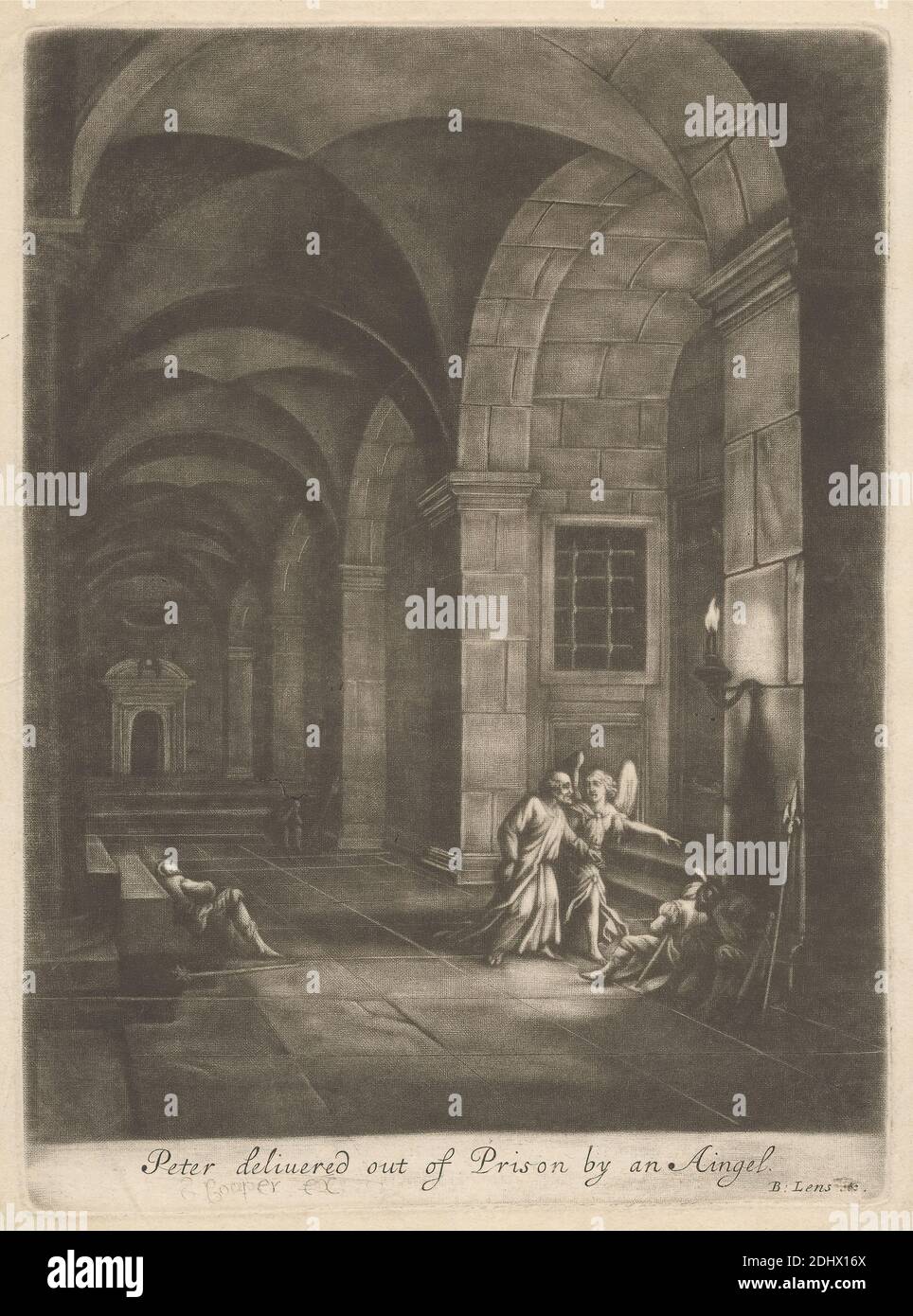 Peter Delivered out of Prison by an Angel, Print made by Bernard Lens, 1659–1725, British, undated, Mezzotint on medium, slightly textured, cream laid paper, Sheet: 8 3/4 × 6 11/16 inches (22.2 × 17 cm), Plate: 7 13/16 × 5 3/4 inches (19.8 × 14.6 cm), and Image: 7 5/16 × 5 3/4 inches (18.6 × 14.6 cm), angel, apostles, archways, candle, Christianity, escape, guards, New Testament, prison, religious and mythological subject, saint, sleeping, spears, vault bays Stock Photo