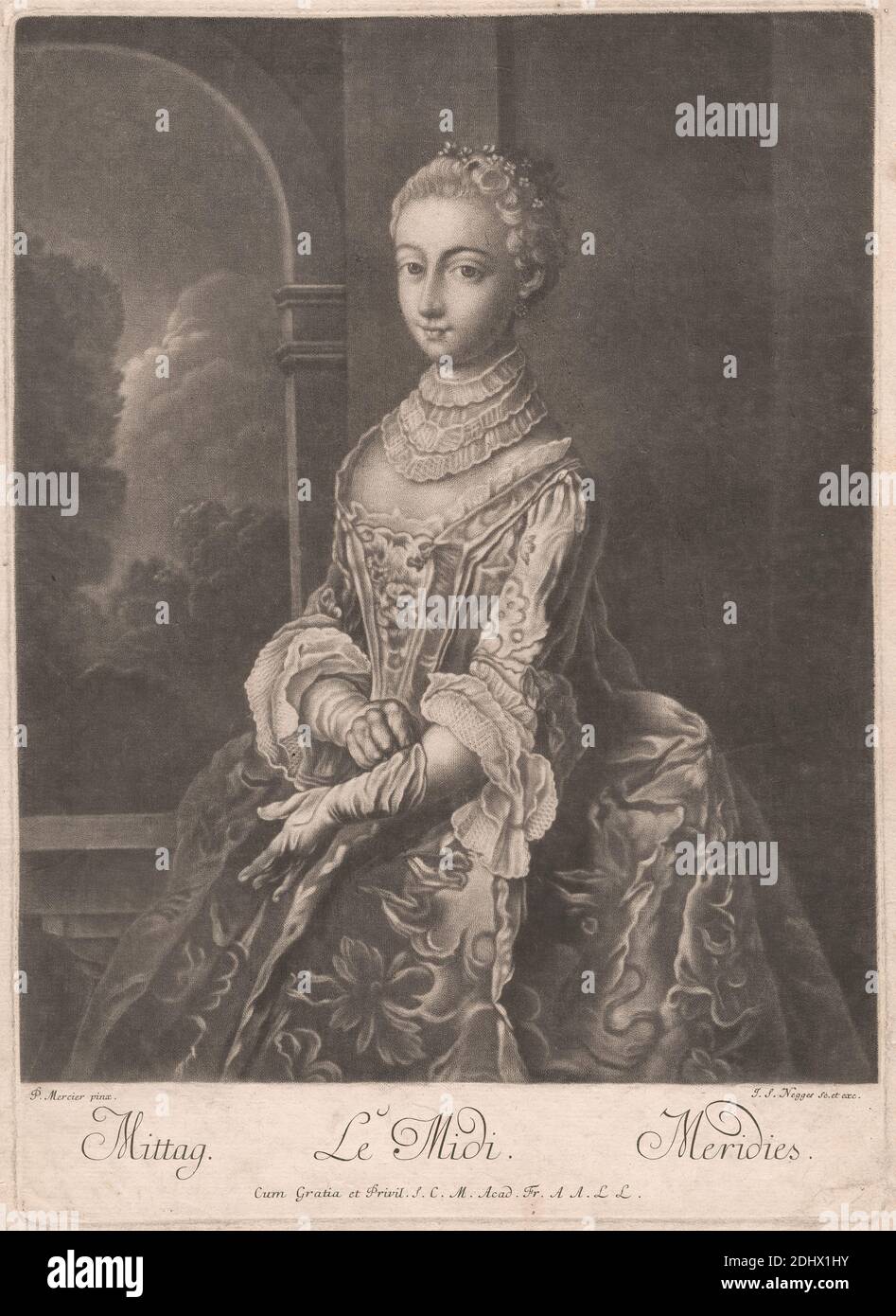 Mittag, Print made by Johann Simon Negges, 1726–1792, after Philippe Mercier, 1689 or 1691–1760, Franco-German, active in Britain (from 1716), undated, Mezzotint on moderately thick, moderately textured, cream laid paper, Sheet: 14 1/2 × 10 1/2 inches (36.8 × 26.7 cm), Plate: 13 13/16 × 9 15/16 inches (35.1 × 25.2 cm), and Image: 12 1/8 × 9 3/4 inches (30.8 × 24.8 cm), arch, costume, dress, figure study, genre subject, gloves Stock Photo