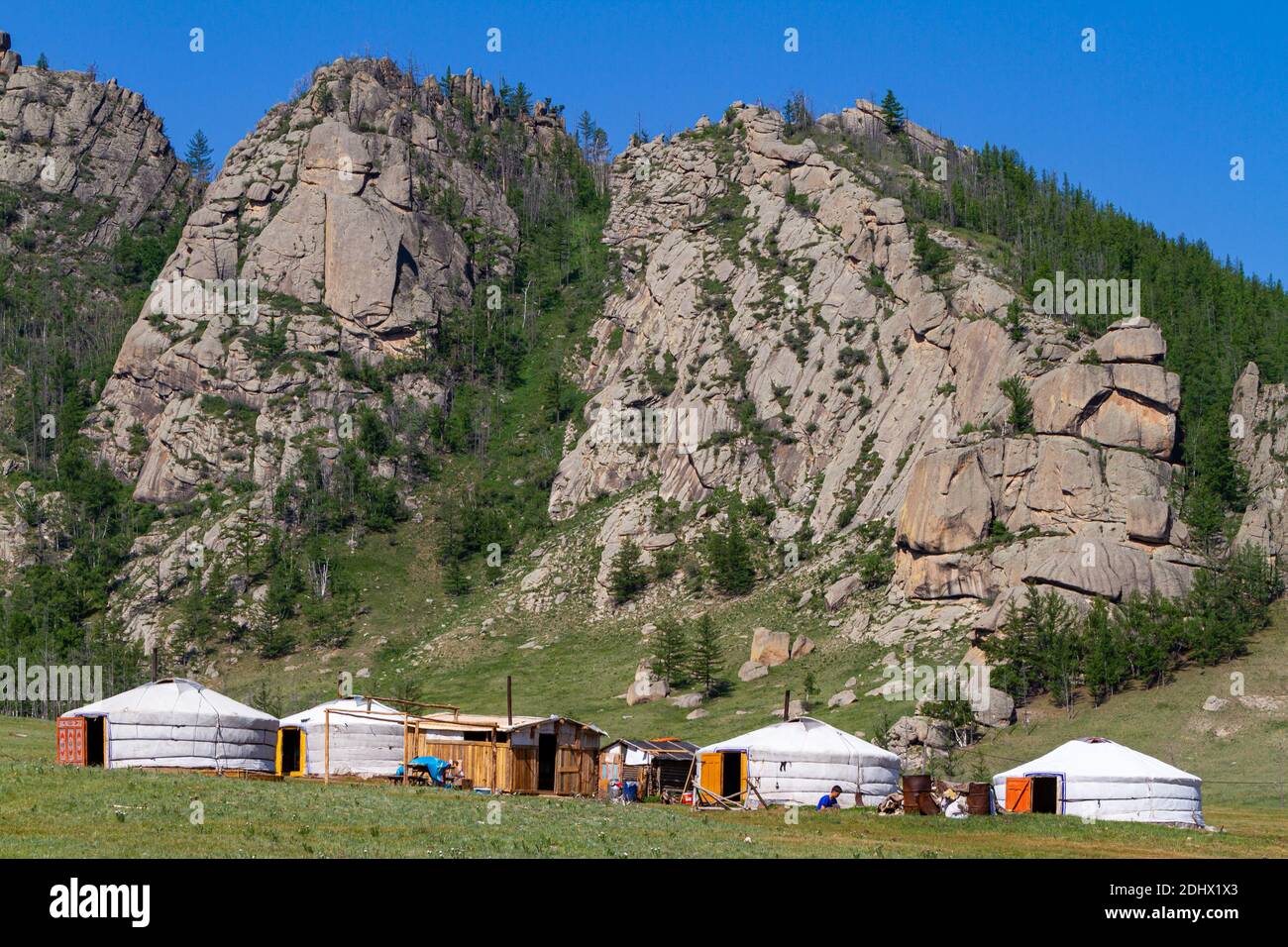 Yurt Camp in the landscape of Mongolia Stock Photo