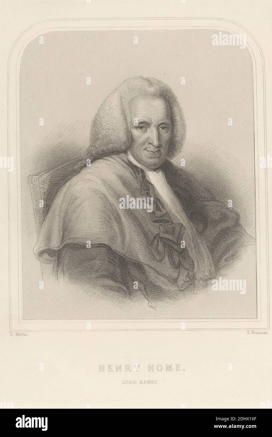 Henry Home, Lord Kames, Print made by Samuel Freeman, 1773–1857, British, after David Martin, 1736/7–1798, British, undated, Stipple engraving and etching on moderately thick, smooth, cream wove paper, Sheet: 7 1/16 x 4 13/16 inches (18 x 12.3 cm) and Image: 5 5/16 x 4 7/16 inches (13.5 x 11.2 cm), author, chair, cravat, gaze, judge, lawyer, mantle, nobleman, portrait, posing, robe, robes, open, scarf, smiling, wig, writer Stock Photo