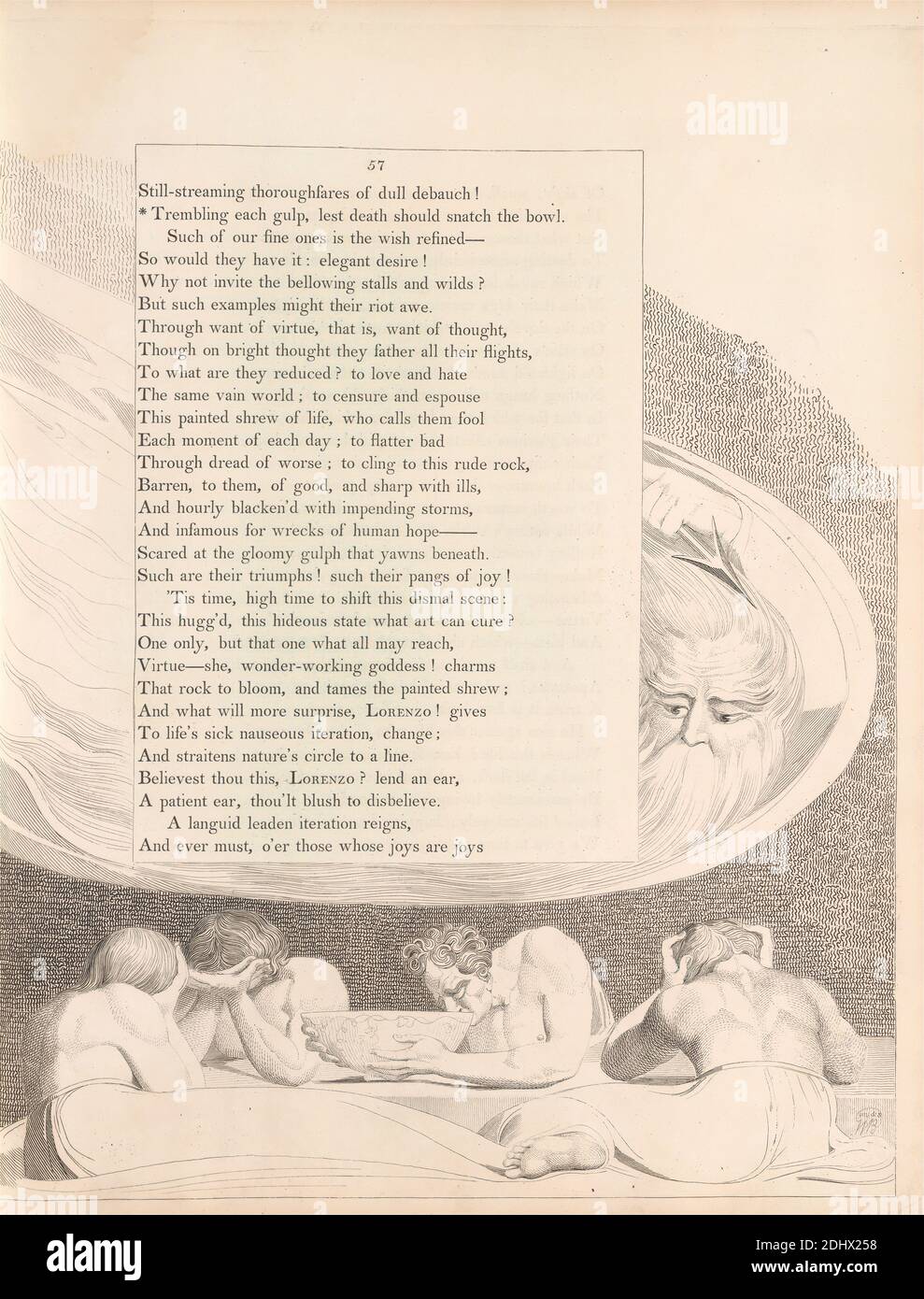 Plate 29 (page 57): 'Trembling each gulp, lest death should snatch the bowl', William Blake, 1757–1827, British, Attributed to Edward Young, 1683–1765, British, 1797, Engraving Stock Photo