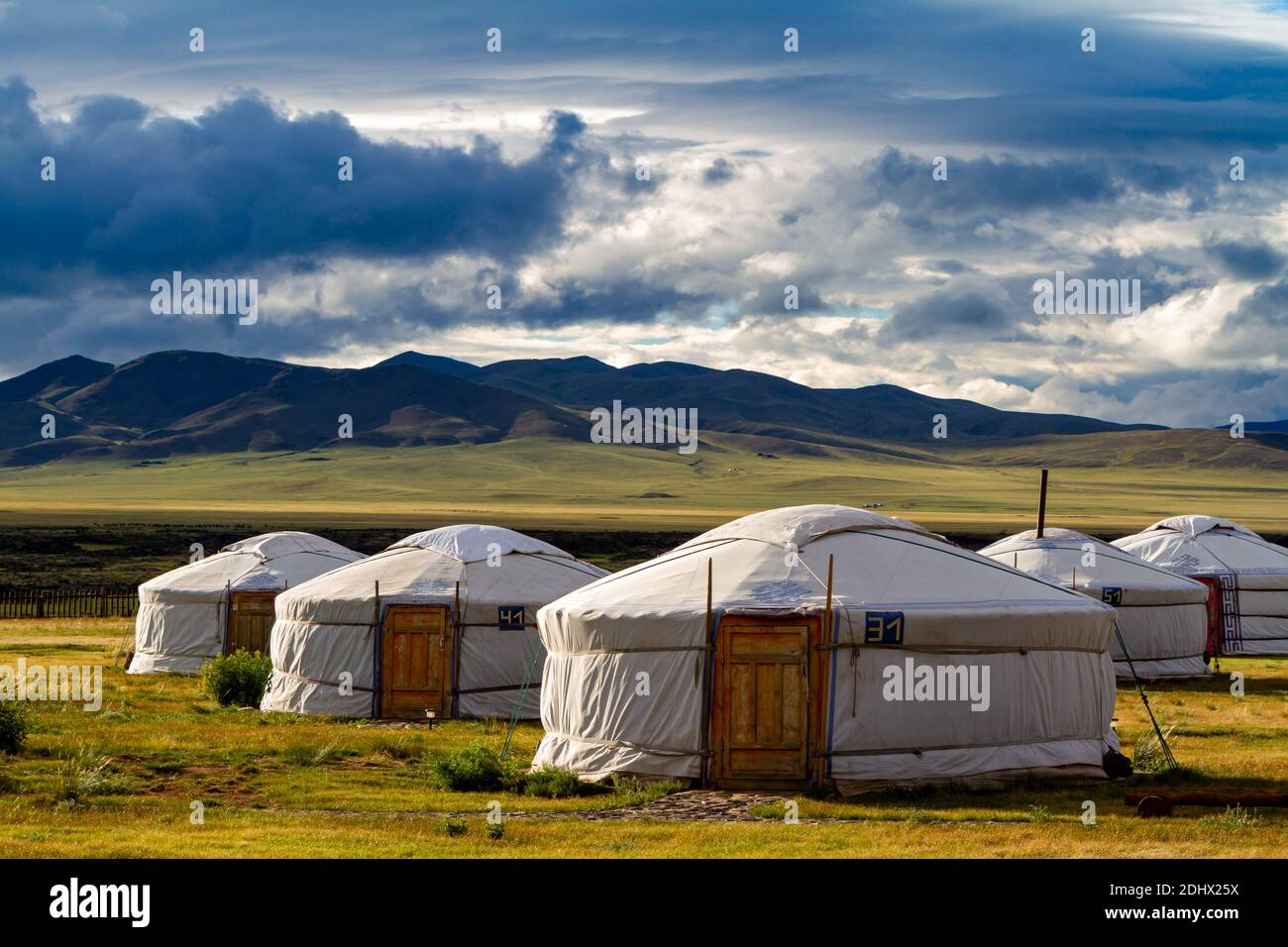 Yurt Camp in the landscape of Mongolia Stock Photo