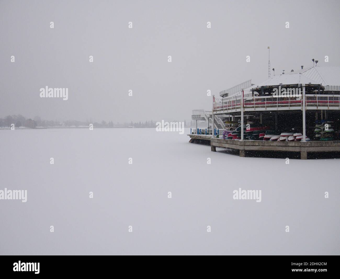 My favourite scene - Dow's Lake Pavilion lost in the snowy whiteness on a frozen expanse of more whiteness. So much white. Ottawa, Canada. Stock Photo