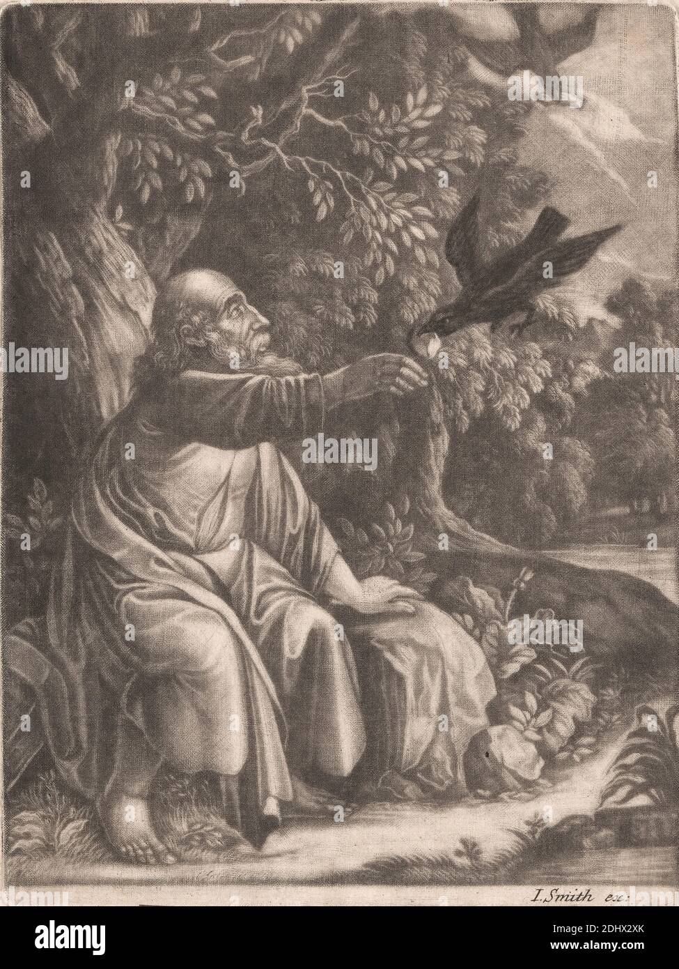 Elijah, Print made by Robert Robinson, active 1674–1706, British, after Pieter Nolpe, 1613/4–1652/3, Dutch, Published by John Smith, 1652–1743, British, undated, Mezzotint on medium, slightly textured, blued white, laid paper, Sheet: 7 × 5 5/16 inches (17.8 × 13.5 cm) and Image: 6 13/16 × 5 3/16 inches (17.3 × 13.2 cm), barefoot, beard, blessing, bread, brook, Christianity, elderly, faith, feeding, flesh, Judaism, love, Old Testament, prophet, protection, ravens, reaching, religious and mythological subject, sitting, trees, wilderness Stock Photo
