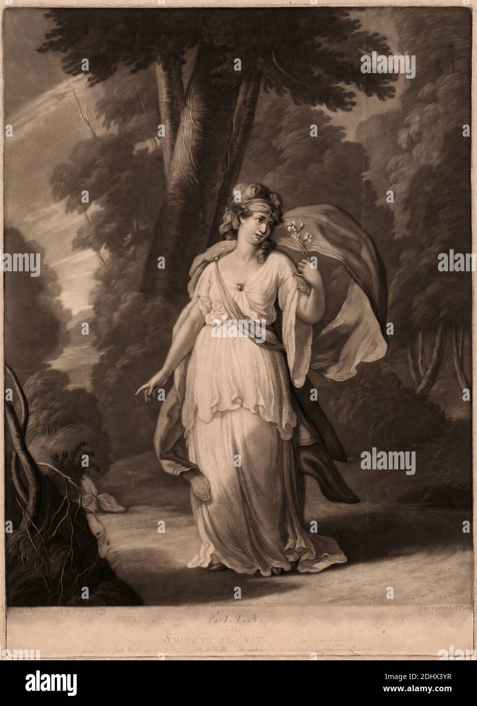 Ella, or the Sweets of Constancy, Print made by Thomas Park, ca. 1760–1834, British, after Johann Gerhard Huck, ca. 1759–1811, German, 1786, Mezzotint on moderately thick, moderately textured, beige, laid paper, Sheet: 15 9/16 × 11 1/2 inches (39.5 × 29.2 cm), Plate: 14 7/16 × 10 7/16 inches (36.7 × 26.5 cm), and Image: 13 1/4 × 10 7/16 inches (33.7 × 26.5 cm Stock Photo