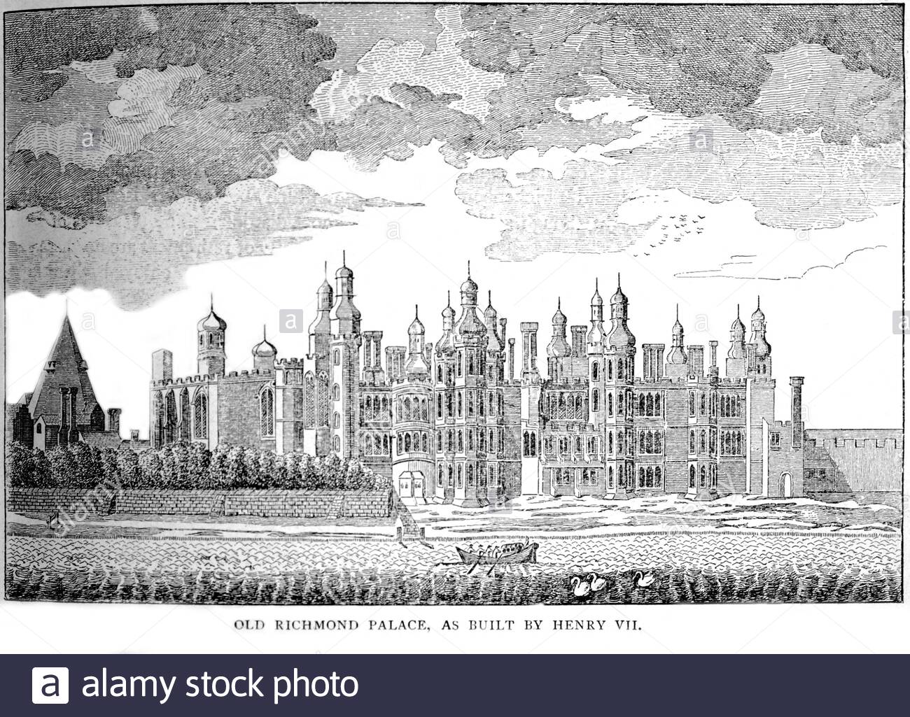 View of the Old Richmond Palace, as built by Henry VII on the site of the former Palace of Shene in 1497, vintage illustration from 1886 Stock Photo