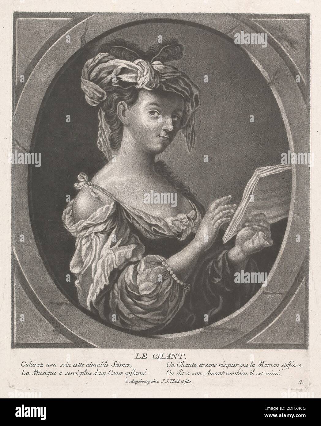 Le Chant, Print made by Johann Jacobus Haid, 1704–1767, and Johann Elias Haid, 1739–1809, German, undated, Mezzotint on medium, slightly textured, cream laid paper, Sheet: 21 3/4 × 17 1/8 inches (55.2 × 43.5 cm), Plate: 13 7/8 × 10 7/8 inches (35.2 × 27.6 cm), and Image: 12 3/8 × 10 7/8 inches (31.4 × 27.6 cm Stock Photo
