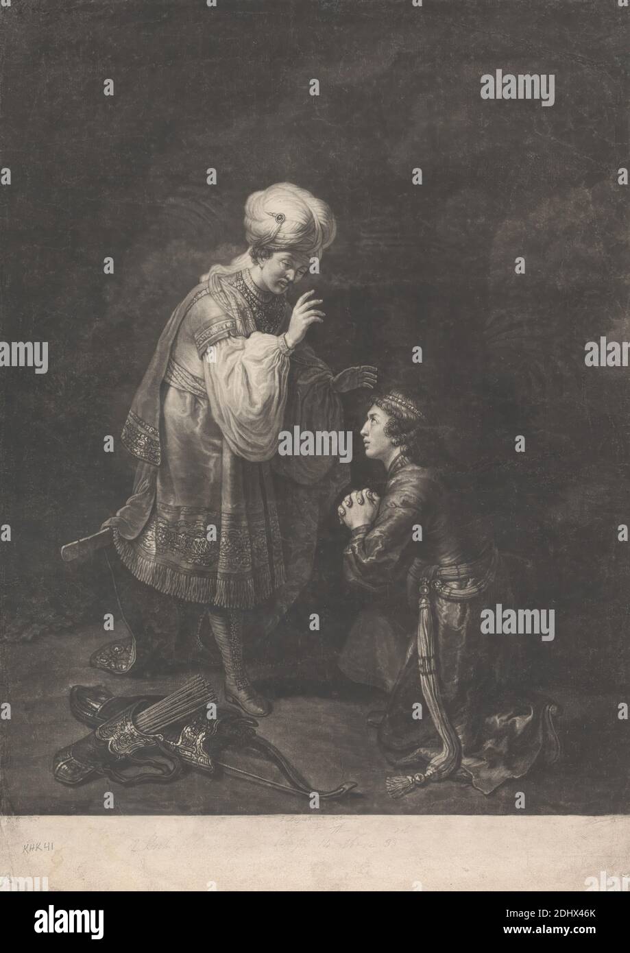 Absalom's Submission to his Father, King David, Print made by Johann Gottfried Haid, 1704–1767, German, active in Britain, after Ferdinand Bol, 1616–1680, Dutch, Published by John Boydell, 1720–1804, British, 1766, Mezzotint on moderately thick, slightly textured, beige laid paper, Sheet: 19 13/16 × 14 1/8 inches (50.4 × 35.8 cm) and Image: 17 7/8 x 14 inches (45.4 x 35.6 cm), arrows, boots, bowls, Christianity, family, father, gaze, gesturing, Judaism, kneeling, Old Testament, Oriental, quiver, reconciliation of David and Absalom; Absalom kneels before David and they embrace, religious Stock Photo