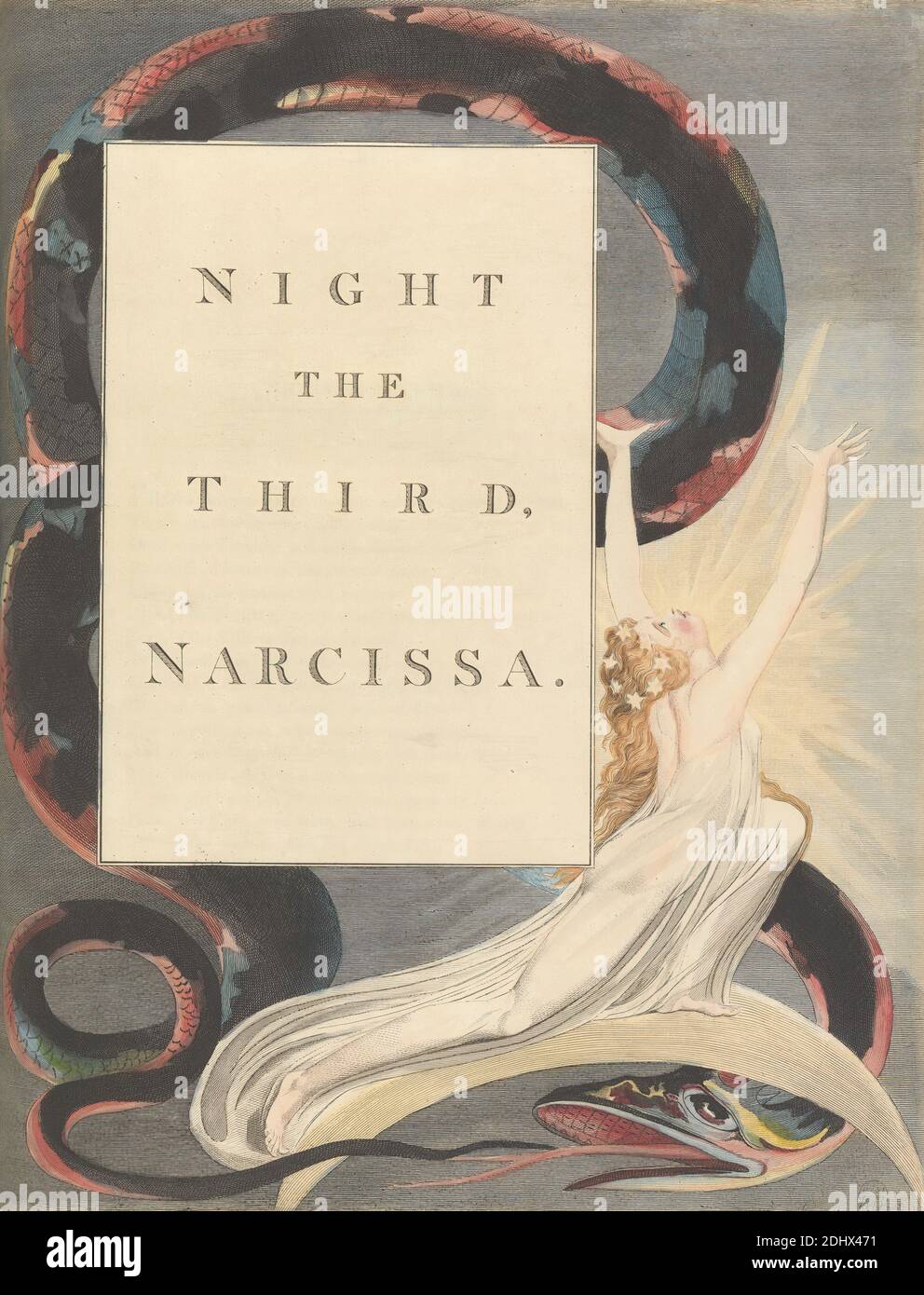 Young's Night Thoughts, Page 43, 'Night the Third, Narcissa.', Print made by William Blake, 1757–1827, British, ca. 1797, Etching and line engraving with watercolor on moderately thick, slightly textured, cream wove paper, Spine: 16 3/4 inches (42.5 cm), Sheet: 16 1/2 x 13 inches (41.9 x 33 cm), and Plate: 16 1/8 x 12 5/8 inches (41 x 32.1 cm), crowns, gown, literary theme, serpent, snake, stars, text, women Stock Photo