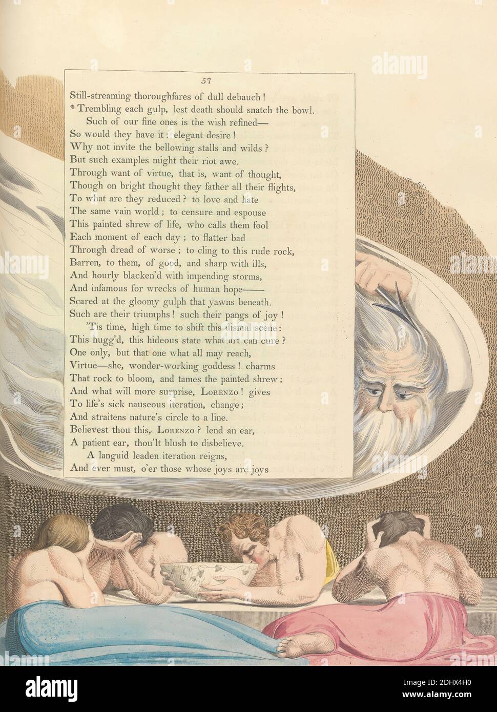 Young's Night Thoughts, Page 57, 'Trembling each gulp, lest death should snatch the bowl', Print made by William Blake, 1757–1827, British, ca. 1797, Etching and line engraving with watercolor on moderately thick, slightly textured, cream wove paper, Spine: 16 3/4 inches (42.5 cm), Sheet: 16 1/2 x 12 5/8 inches (41.9 x 32.1 cm), and Plate: 16 x 12 1/2 inches (40.6 x 31.8 cm), bowl, drinking, food, literary theme, men, mourning, table, text, women Stock Photo