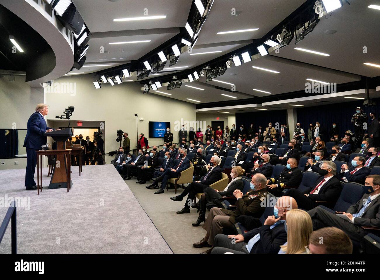 U.S President Donald Trump delivers remarks at the Operation Warp Speed Vaccine Summit in the South Court Auditorium at the Eisenhower Executive Office Building at the White House 8, 2020 in Washington, D.C. Stock Photo