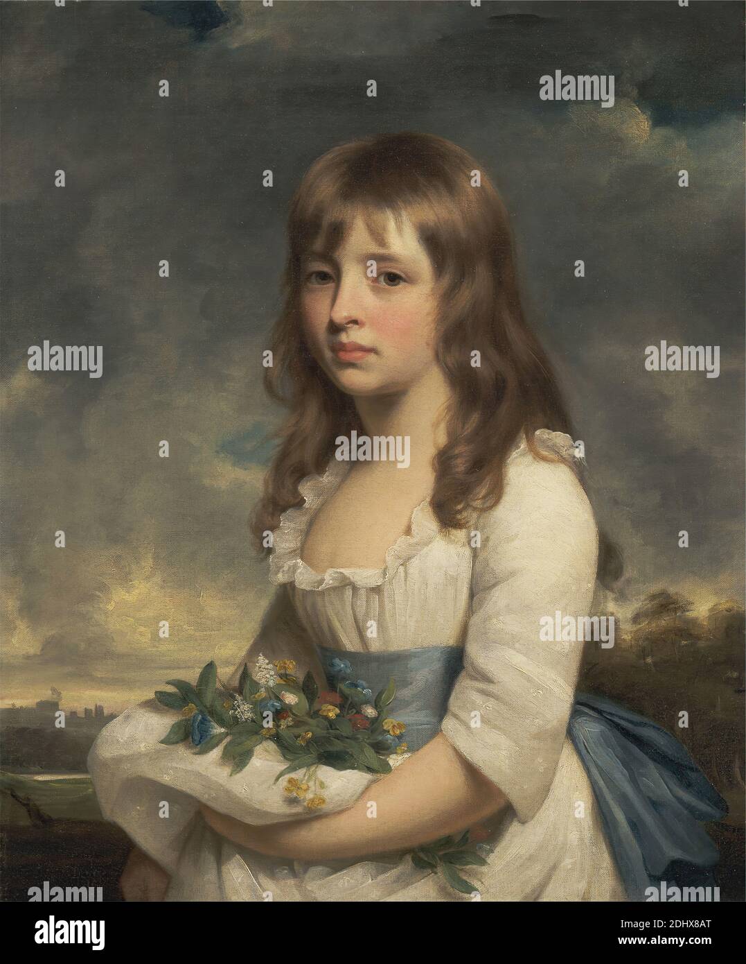 Portrait of a Girl, Sir William Beechey, 1753–1839, British, ca. 1790, Oil on canvas, Support (PTG): 30 1/8 x 25 1/8 inches (76.5 x 63.8 cm), child, clouds, costume, flowers (plants), girl, landscape, portrait, sash Stock Photo
