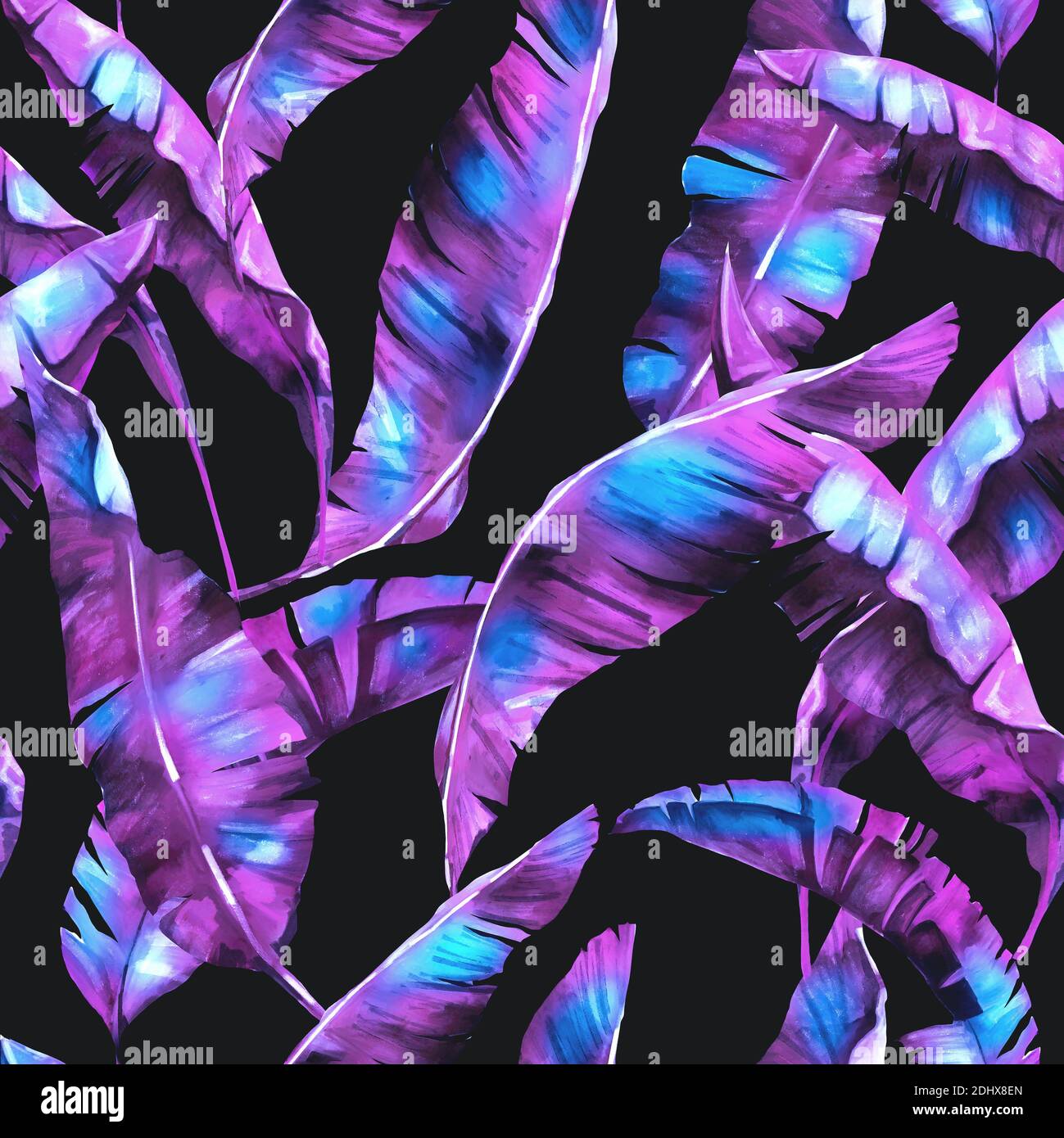 Fluorescent banana leaves on black background, neon light on leaves