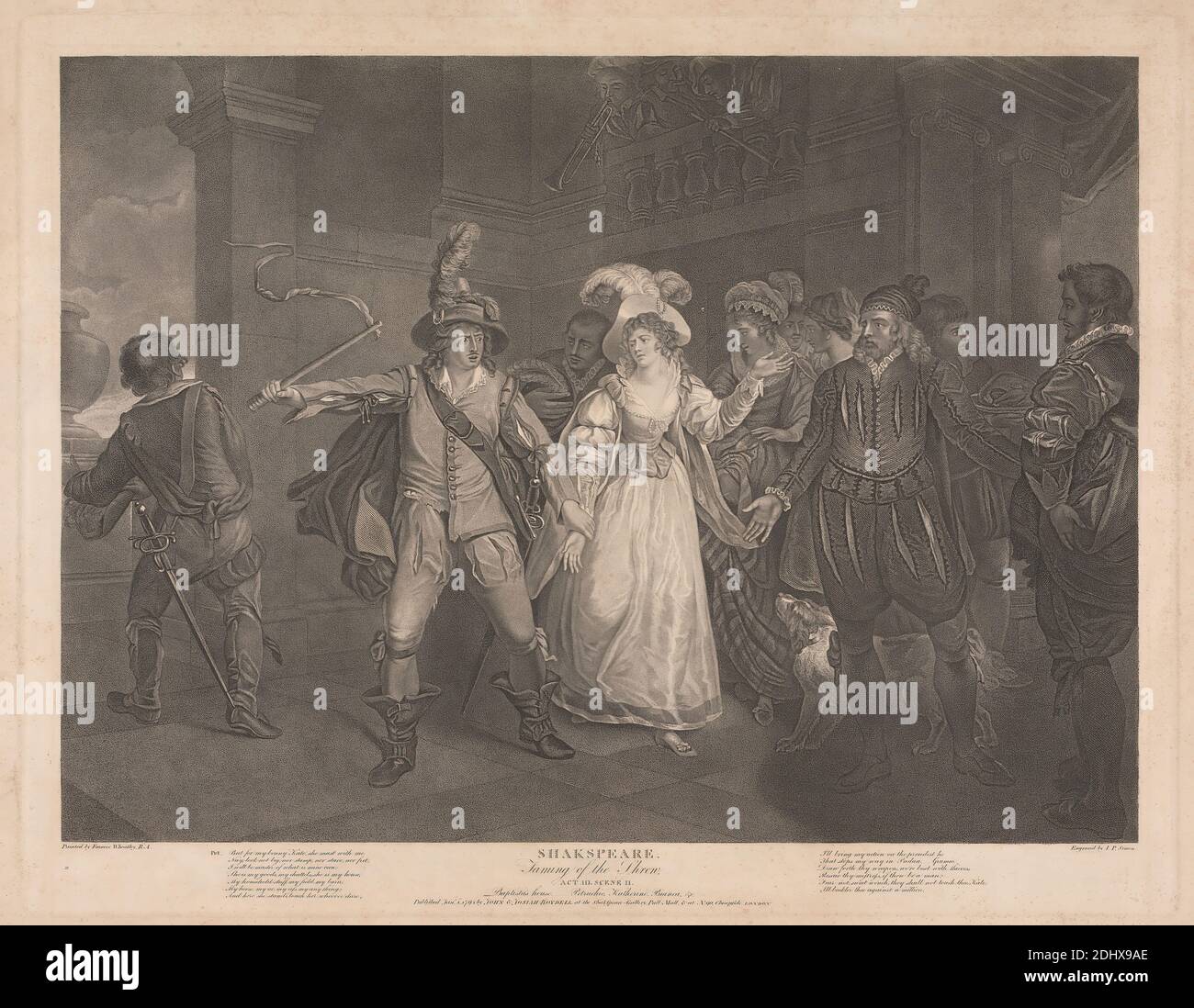 Taming Of The Shrew, Act III, Scene II, Peter Simon, 1750–1810, after Francis Wheatley, 1747–1801, British, 1795, Engraving and stipple engraving on thick, moderately textured, beige, wove paper, Sheet: 22 7/8 × 28 13/16 inches (58.1 × 73.2 cm), Plate: 19 1/2 × 25 1/8 inches (49.5 × 63.8 cm), and Image: 17 1/8 × 23 3/8 inches (43.5 × 59.4 cm Stock Photo