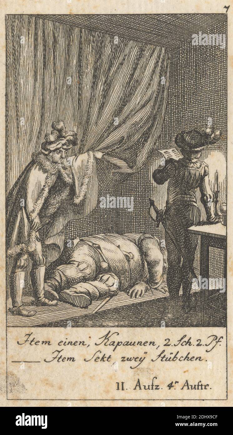 Henry IV, Part I,' Act II, Scene IV, Print made by Daniel Nikolaus Chodowieki, German, 1726–1801, German, undated, Etching on moderately thick, slightly textured, beige laid paper, Sheet: 4 1/16 x 2 3/8 inches (10.3 x 6 cm) and Image: 2 11/16 x 1 15/16 inches (6.9 x 4.9 cm), boots, candles, cape, coat, dead, dying, explaining, fur, gesturing, hats, Henry IV, part I by William Shakespeare, illustration, keys, literary theme, men, plays by William Shakespeare, pointing, posing, reading, showing, swords, table, watching Stock Photo