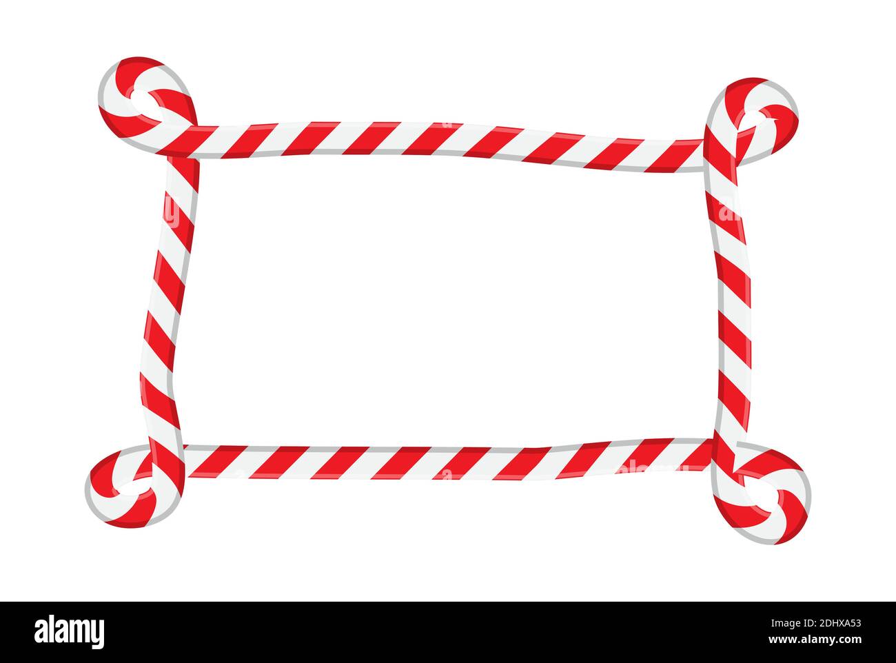 Candy cane border with swirl edges with copy space. Red and white striped frame for christmas design. Unique and unusual hand drawn xmas background. C Stock Vector