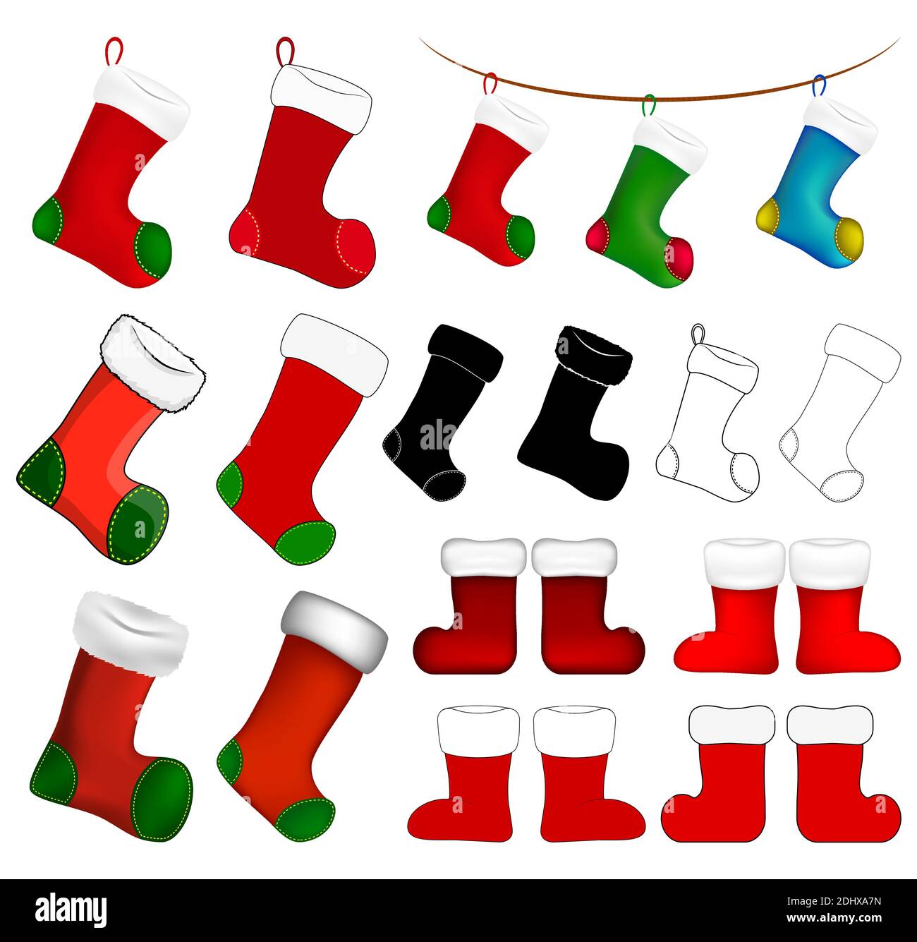 Empty christmas sock icon set. Cartoon stocking symbol collection. Winter holiday decoration. Vector illustration isolated on white background. Stock Vector