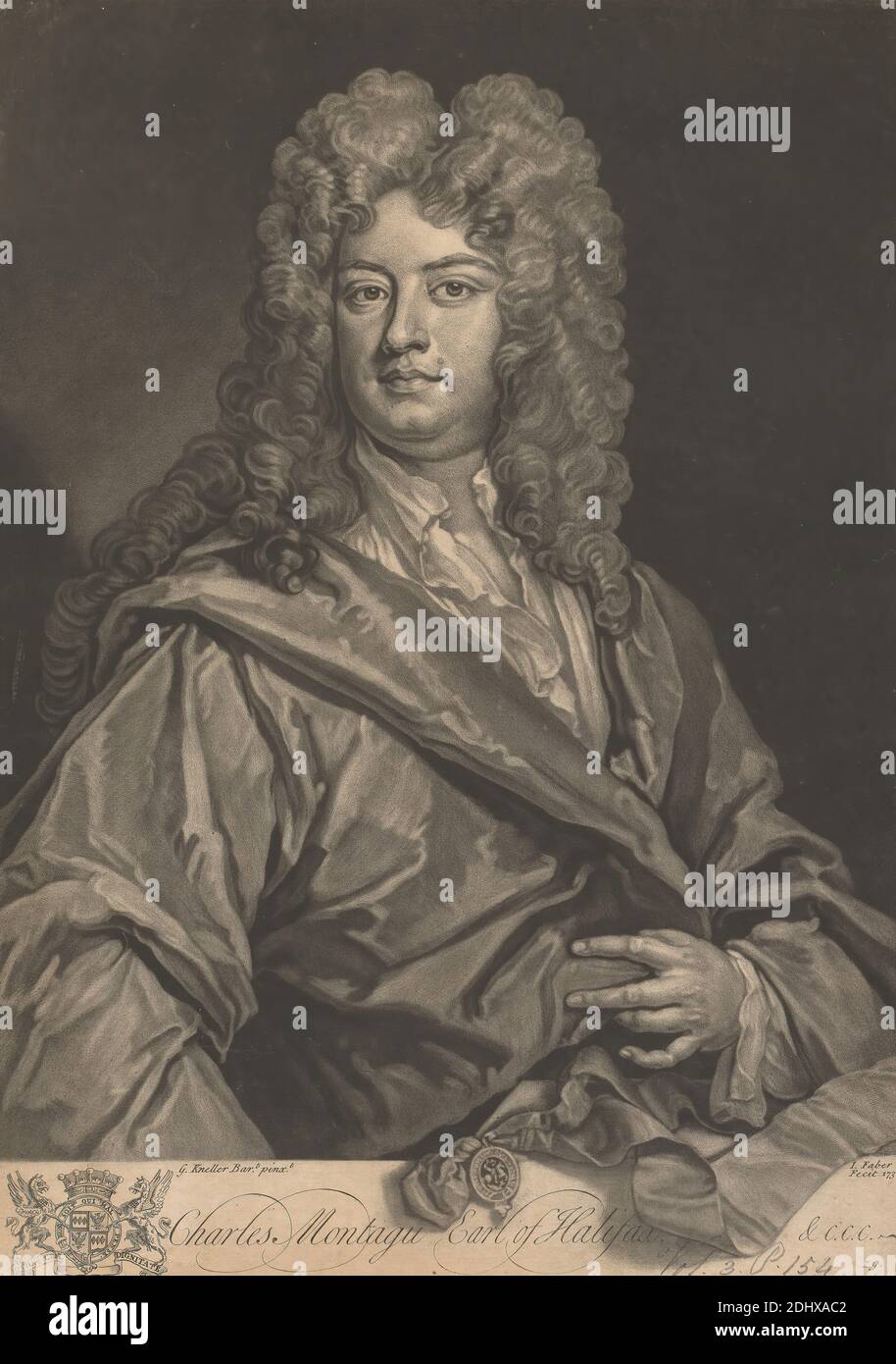 Charles Montagu, 1st Earl of Halifax, John Faber the Younger, ca. 1695–1756, Netherlandish, active in Britain, after Sir Godfrey Kneller, 1646–1723, German, active in Britain (from 1676), 1732, Mezzotint on medium, slightly textured, beige, laid paper, Sheet: 13 7/8 × 13 9/16 inches (35.2 × 34.4 cm) and Image: 9 15/16 × 9 13/16 inches (25.2 × 24.9 cm Stock Photo