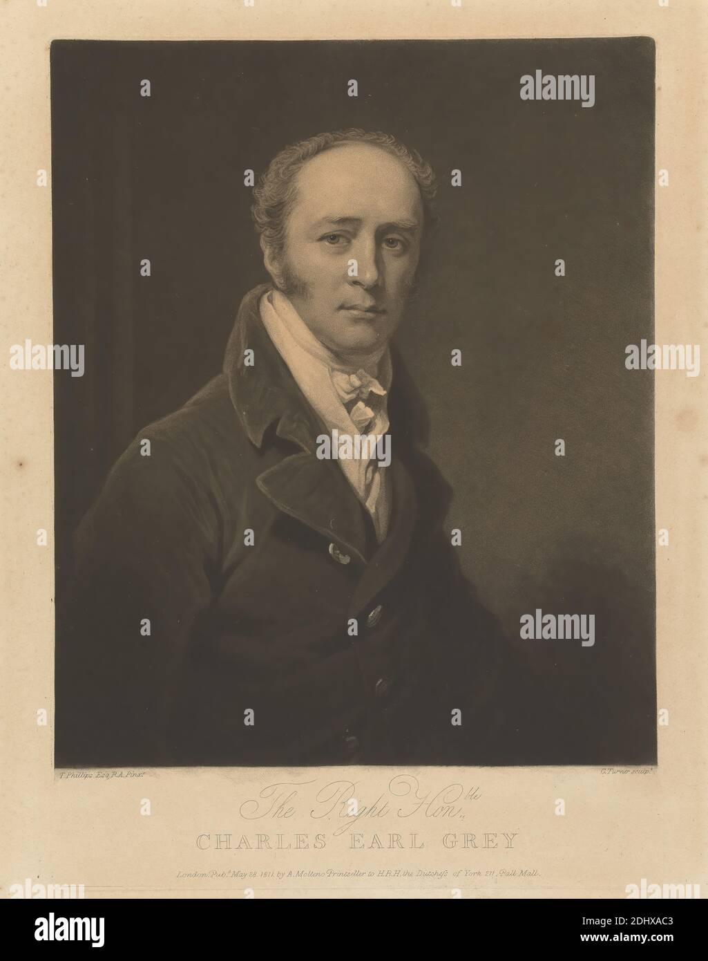 The Right Honourable Charles Earl Grey, Charles Turner, 1774–1857, British, after Thomas Phillips, 1770–1845, British, 1811, Mezzotint on moderately thick, moderately textured, beige, wove paper, Sheet: 15 × 11 7/8 inches (38.1 × 30.2 cm), Plate: 14 × 10 inches (35.6 × 25.4 cm), and Image: 12 × 9 15/16 inches (30.5 × 25.2 cm Stock Photo