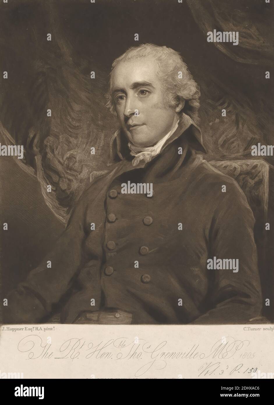 The Right Honourable Thomas Grenville, Charles Turner, 1774–1857, British, John Hoppner, 1758–1810, British, 1805, Mezzotint on moderately thick, moderately textured, cream, wove paper, Sheet: 13 11/16 × 9 15/16 inches (34.8 × 25.2 cm) and Image: 11 5/8 × 9 7/8 inches (29.5 × 25.1 cm Stock Photo