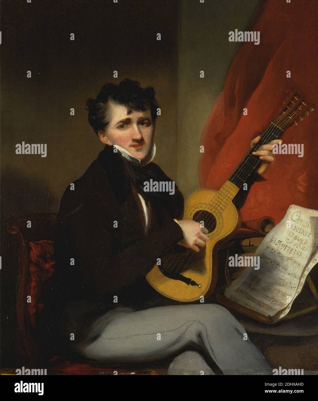 Portrait of a Man Playing a Guitar, George Chinnery, 1774–1852, British,  between 1830 and 1840, Oil on canvas, Support (PTG): 12 x 10 3/8 inches  (30.5 x 26.4 cm), chair, costume, curtain,