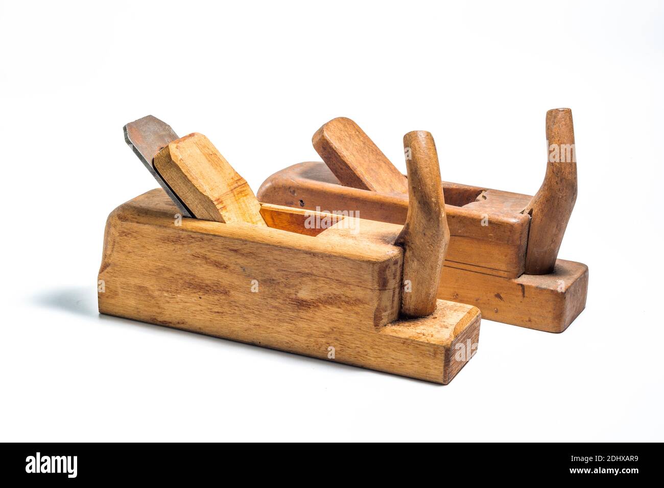 Two Old wooden jointer isolated on a white background. Stock Photo
