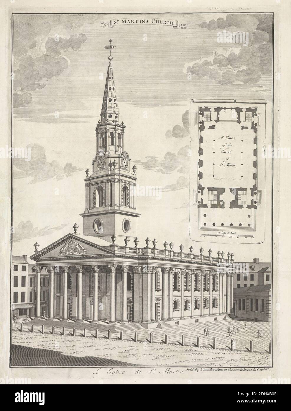 St. Martin's Church, Print made by unknown artist, Published by John Bowles, 1701–1779, British, between 1731 and 1754, Etching on moderately thick, slightly textured, cream laid paper, Sheet: 19 5/16 x 14 3/4 inches (49 x 37.5 cm), Plate: 18 3/8 x 13 7/16 inches (46.6 x 34.2 cm), and Image: 17 1/2 x 13 1/16 inches (44.5 x 33.1 cm), arches, architectural drawing, architectural subject, architecture, banners, buildings, children, church, city, cityscape, clocks, clouds, coat of arms, coats, columns (architectural elements), costume, crest, cross (object), dresses, games, genre subject, hats Stock Photo