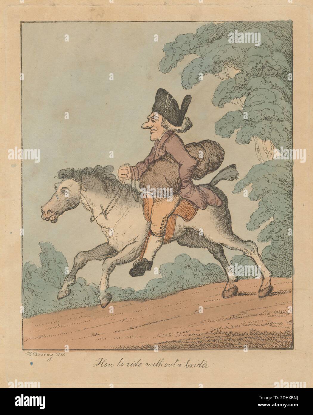 How to Ride Without a Bridle, Print made by Henry William Bunbury, 1750–1811, British, undated, Hand-colored etching on thick beige card, Sheet: 12 1/2 x 9 5/8 inches (31.7 x 24.5 cm), Plate: 9 15/16 x 7 15/16 inches (25.2 x 20.2 cm), and Image: 8 11/16 x 7 3/16 inches (22 x 18.2 cm), bridle, bundle, caricature, coat, genre subject, hat, horse (animal), man, nose, riding, road, saddle, satire, trees Stock Photo