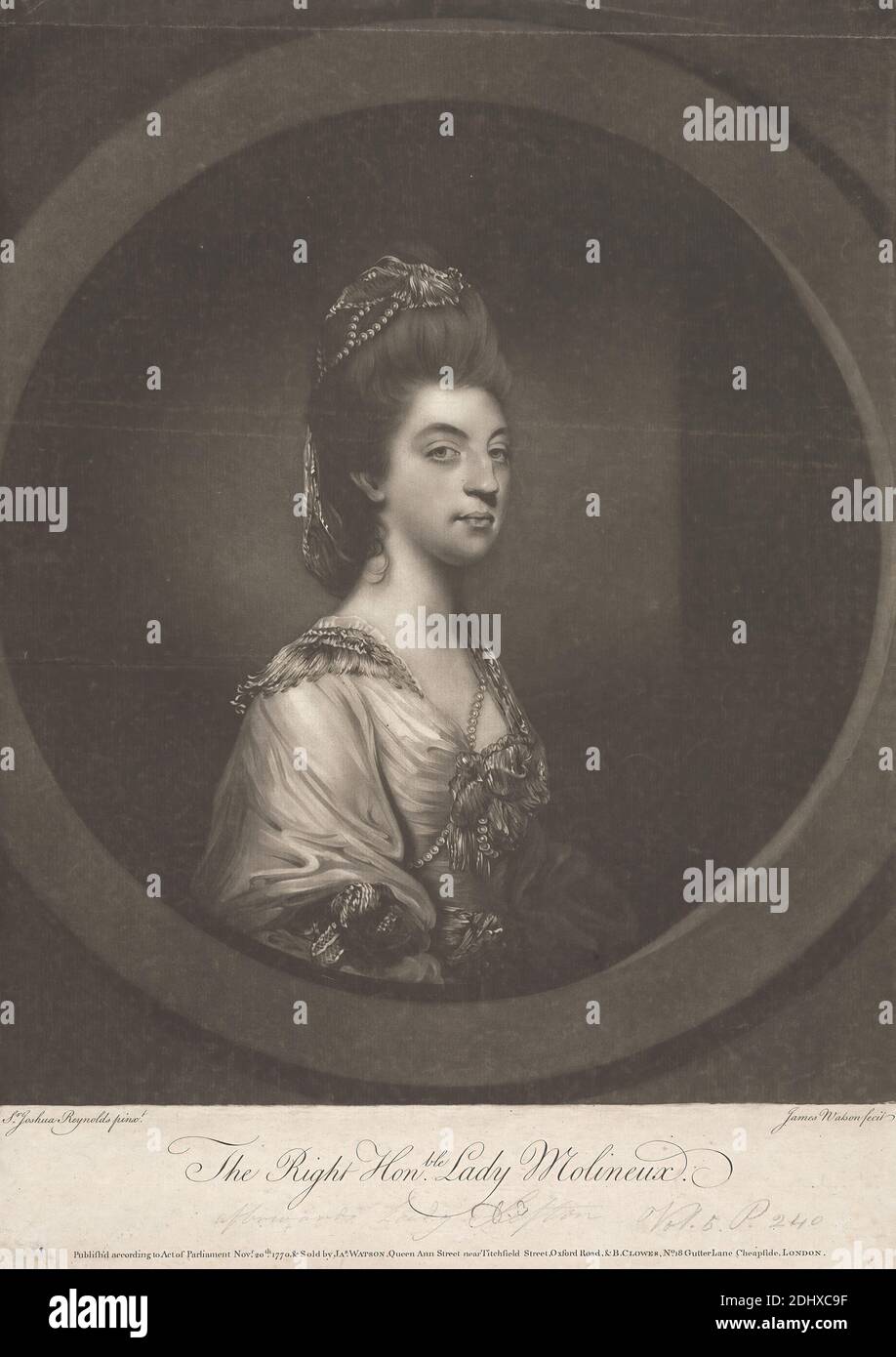 Isabella Molyneux (née Stanhope), Countess of Sefton, James Watson, 1740–1790, British, after Sir Joshua Reynolds RA, 1723–1792, British, 1770, Mezzotint on medium, moderately textured, blued white, laid paper, Sheet: 15 3/8 × 10 15/16 inches (39.1 × 27.8 cm) and Image: 13 5/16 × 10 7/8 inches (33.8 × 27.6 cm Stock Photo