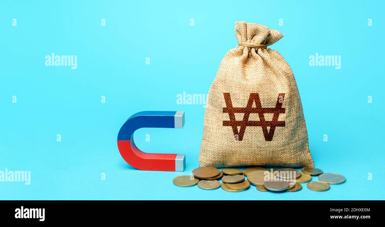 South korean won money bag and red blue magnet. Raising funds and investments in business projects and startups. Money laundering. Accumulation and at Stock Photo