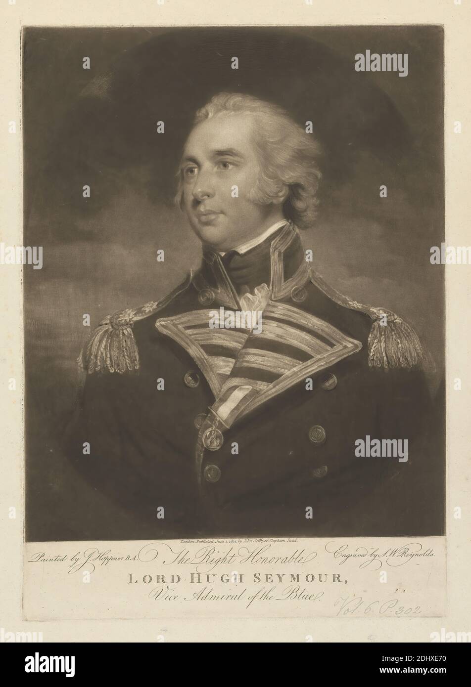 Vice Admiral Lord Hugh Seymour, Samuel William Reynolds, 1773–1835, British, after John Hoppner, 1758–1810, British, 1802, Mezzotint on moderately thick, slightly textured, cream, wove paper, Sheet: 15 1/2 × 11 9/16 inches (39.4 × 29.4 cm), Plate: 14 × 10 inches (35.6 × 25.4 cm), and Image: 12 1/16 × 9 15/16 inches (30.6 × 25.2 cm Stock Photo