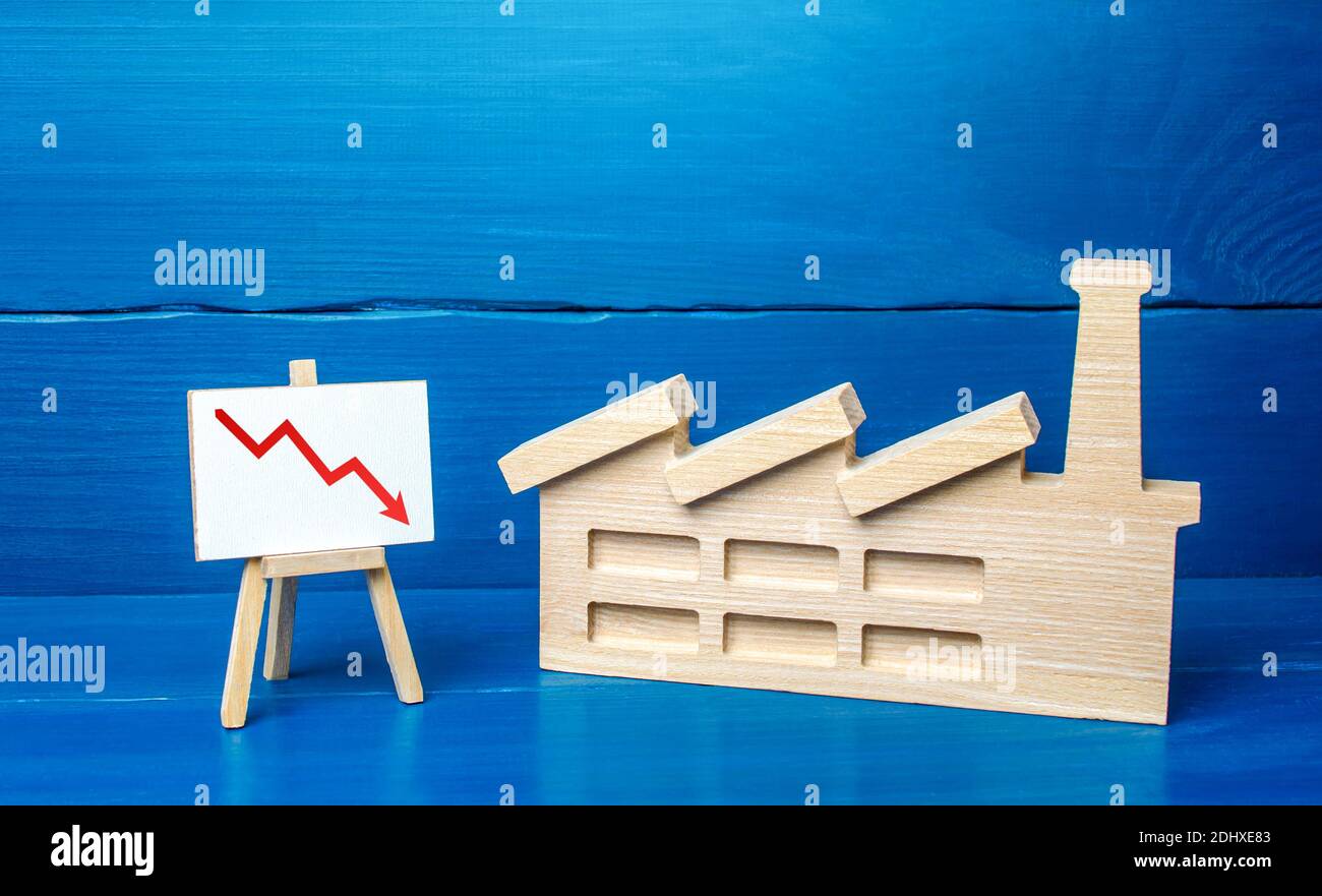 Figurine of industrial factory plant and easel with a red down arrow ...