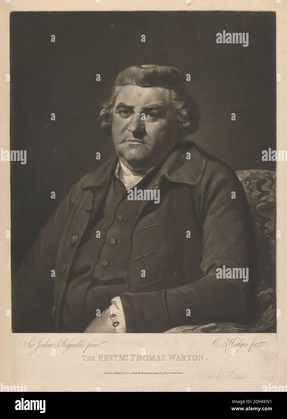 Reverend Thomas Warton, Charles Howard Hodges, 1764–1837, British, after Sir Joshua Reynolds RA, 1723–1792, British, 1786, Mezzotint on moderately thick, moderately textured, cream, laid paper, Sheet: 19 3/8 × 14 3/16 inches (49.2 × 36 cm), Plate: 18 1/16 × 13 inches (45.9 × 33 cm), and Image: 15 11/16 × 13 inches (39.8 × 33 cm Stock Photo