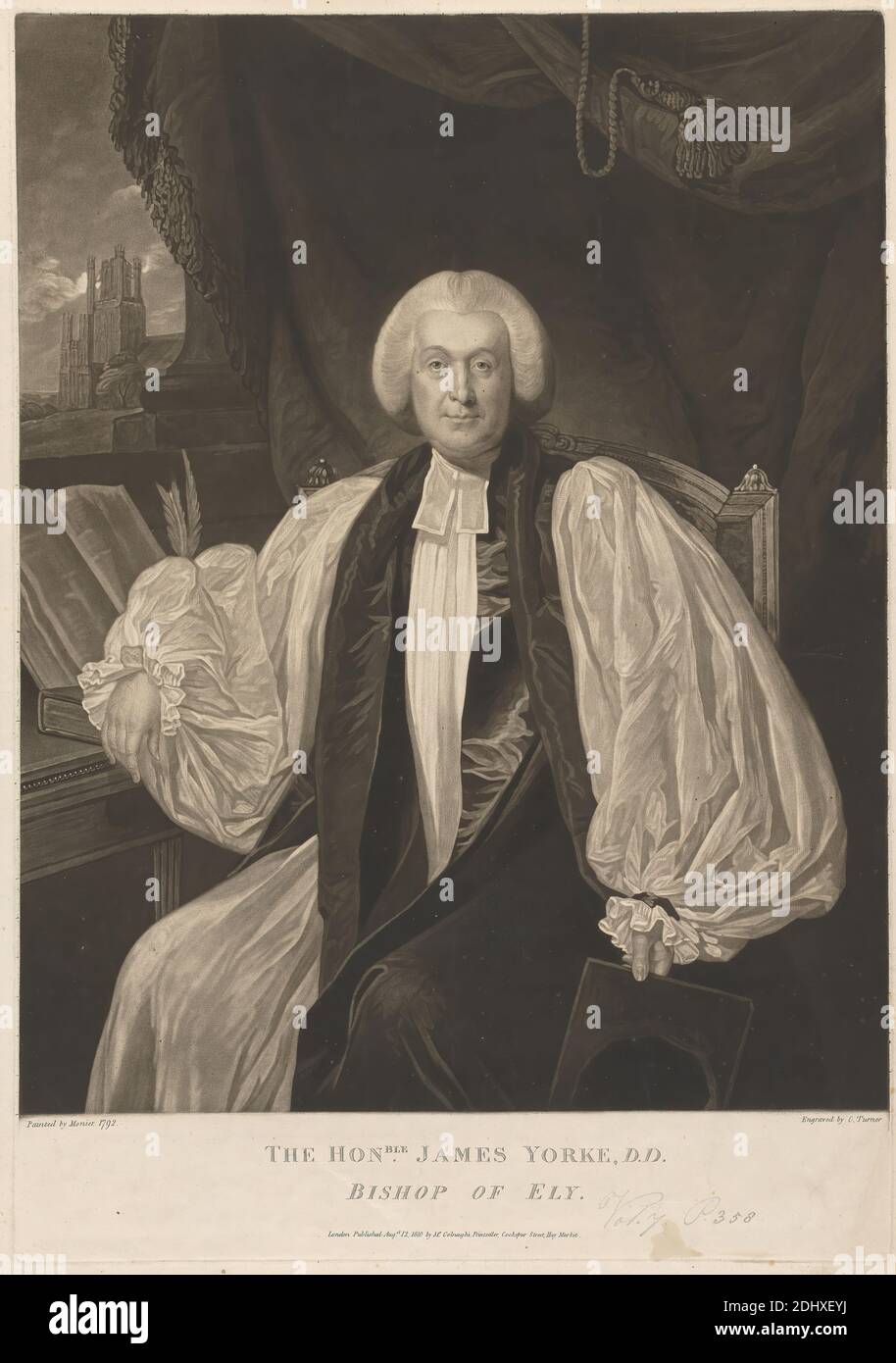 Hon. James Yorke, Bishop of Ely, Charles Turner, 1774–1857, British, after Jean Laurent Mosnier, 1743/44–1808, French, active in Britain (1790–96), 1810, Mezzotint on moderately thick, slightly textured, cream, wove paper, Sheet: 20 1/2 × 14 9/16 inches (52.1 × 37 cm), Plate: 19 15/16 × 13 15/16 inches (50.6 × 35.4 cm), and Image: 17 1/2 × 13 7/8 inches (44.5 × 35.2 cm), bands, books, cathedral, curtain, man, portrait, quills, religious and mythological subject, tippet, window Stock Photo